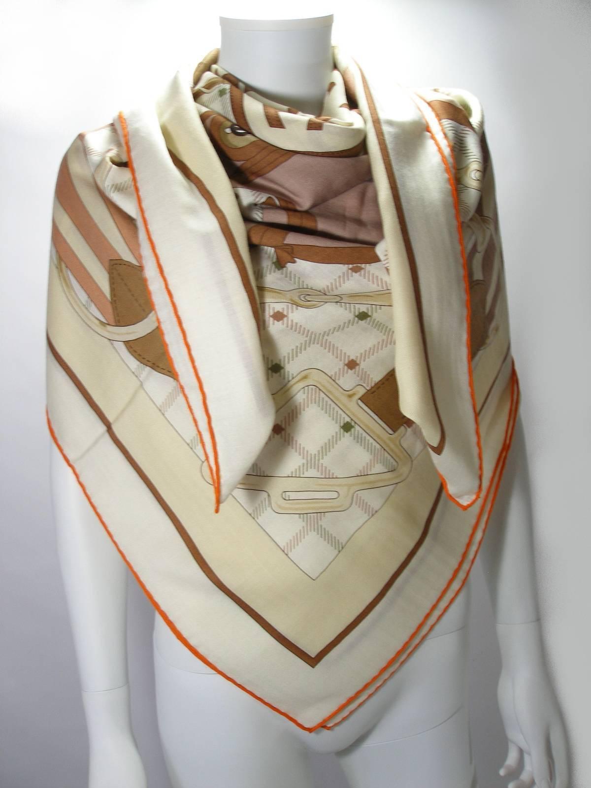 Hermès Tatersale
Silk 30% and cachemire 70%
Designed by Henri D'Origny
Actual Collection
Size 140 cm x 140 cm 
Copyright and Signature 
Color : Créme / Brown
Sorry no Box , it's comes with Hermès shopping bag and ribbon .
Thank you for visiting my