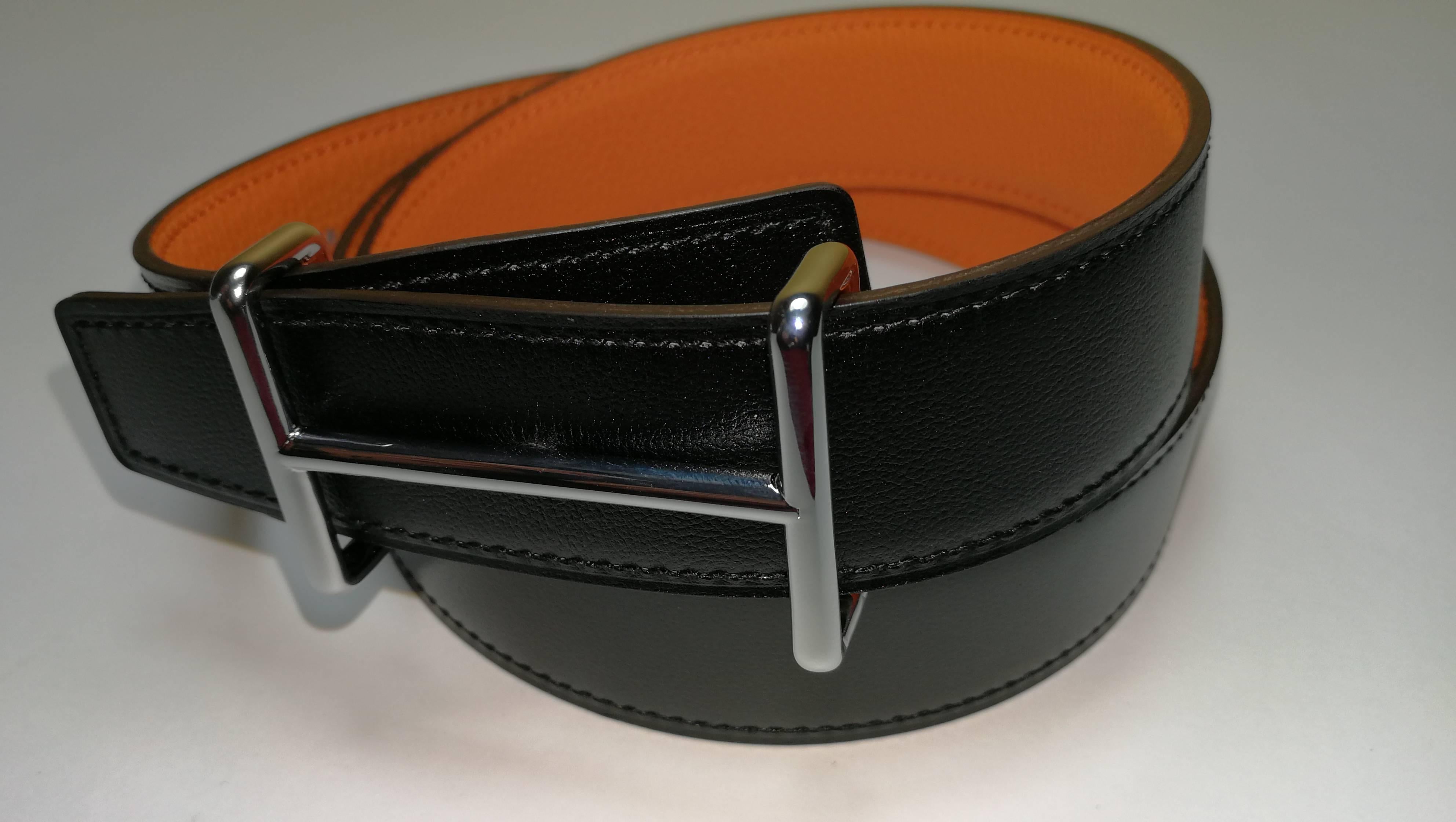 Hermes 32 mm Kilt Belt Buckle Idem Shin Palladium and Strap Black Potiron 105cm  In Excellent Condition In VERGT, FR
