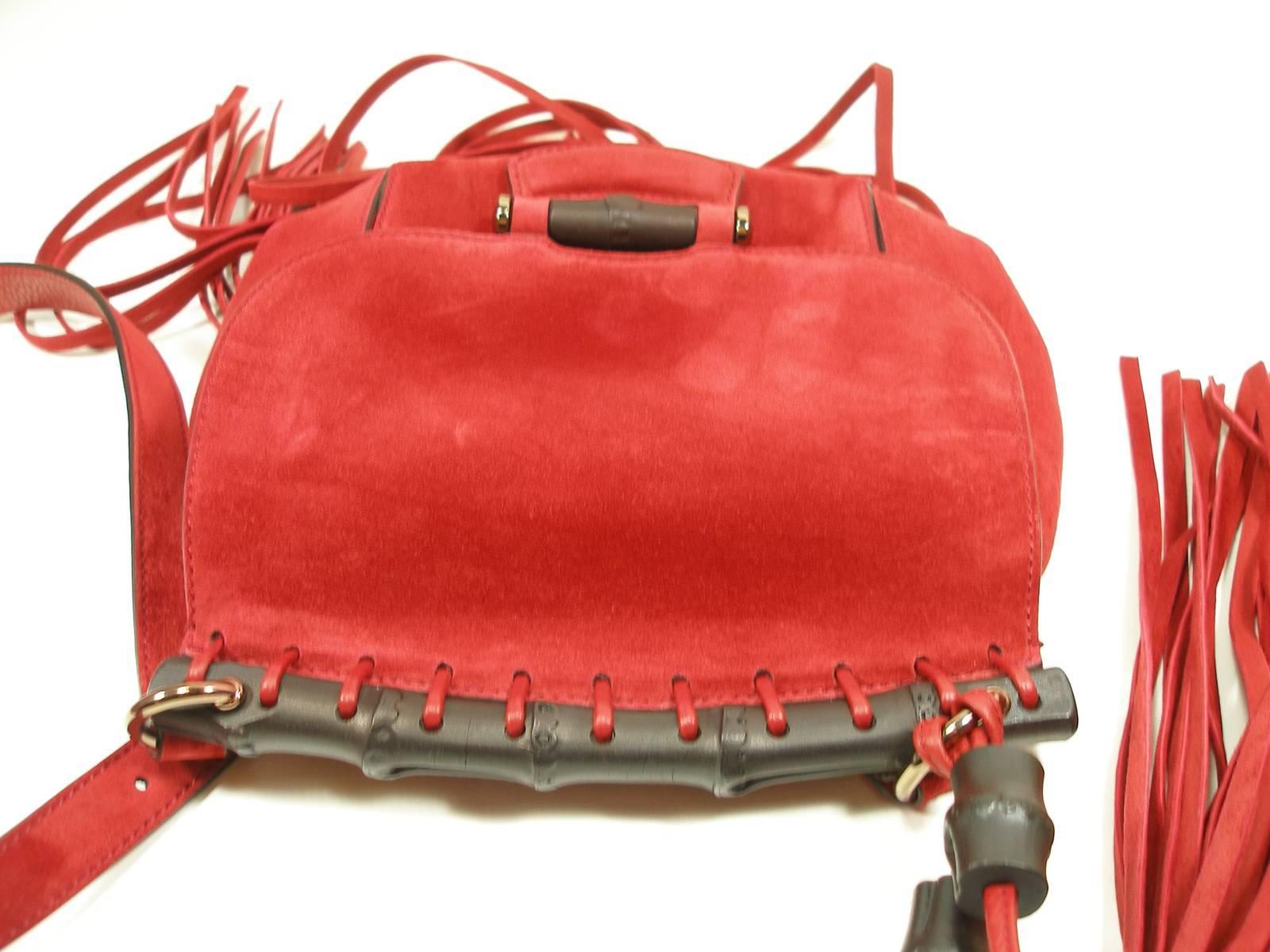 2014 Gucci Small Fringes Shoulder Bag Suede Red Leather / Good Condition 2