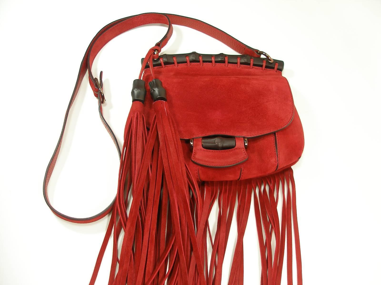 Women's 2014 Gucci Small Fringes Shoulder Bag Suede Red Leather / Good Condition