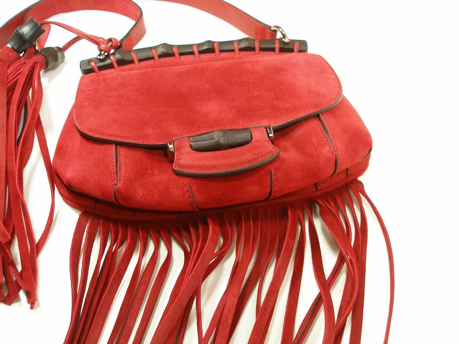 2014 Gucci Small Fringes Shoulder Bag Suede Red Leather / Good Condition 1