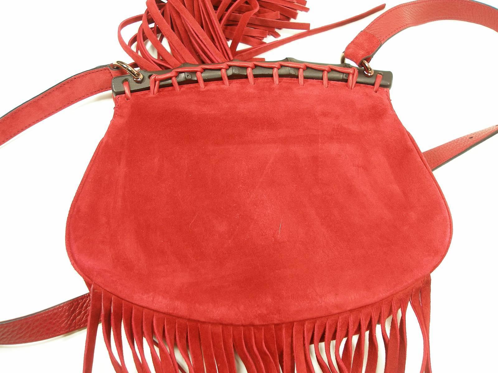 2014 Gucci Small Fringes Shoulder Bag Suede Red Leather / Good Condition 3