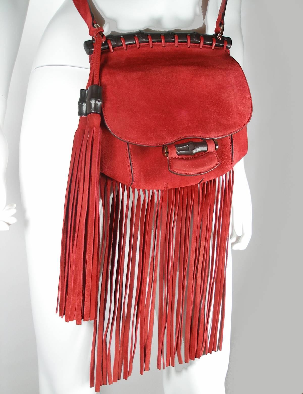 2014 Gucci Small Fringes Shoulder Bag Suede Red Leather / Good Condition In Good Condition In VERGT, FR