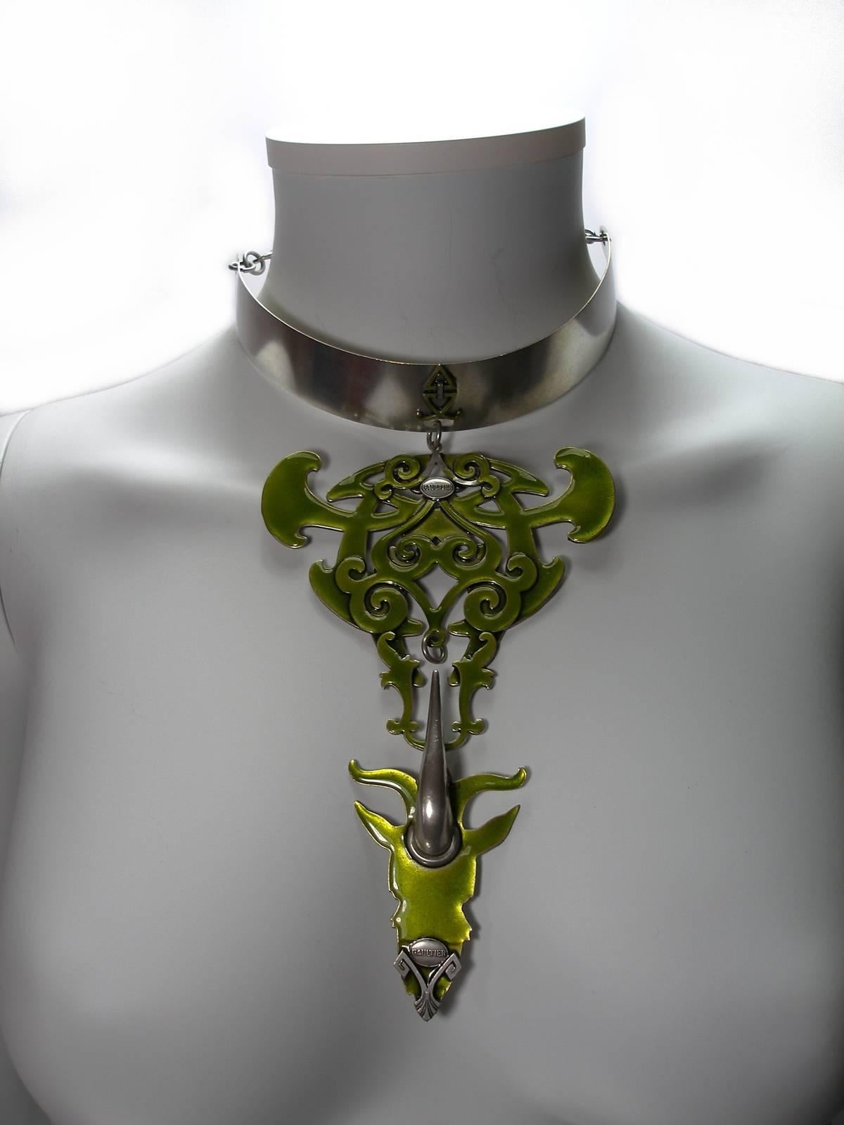 Circa 1995's Stunning Jean Paul Gaultier Tribal Apple Green Enamel Necklace For Sale 3