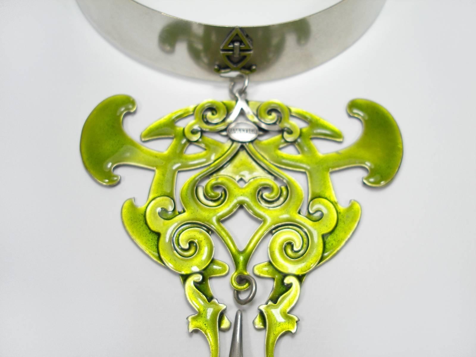 Circa 1995's Stunning Jean Paul Gaultier Tribal Apple Green Enamel Necklace For Sale 1