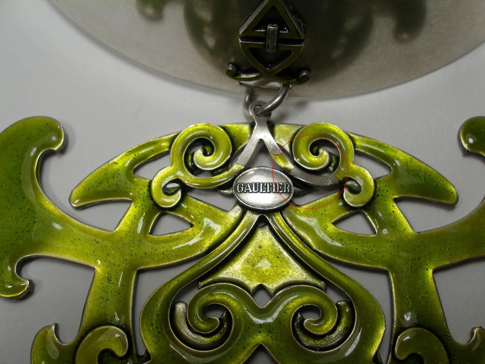 Circa 1995's Stunning Jean Paul Gaultier Tribal Apple Green Enamel Necklace For Sale 6