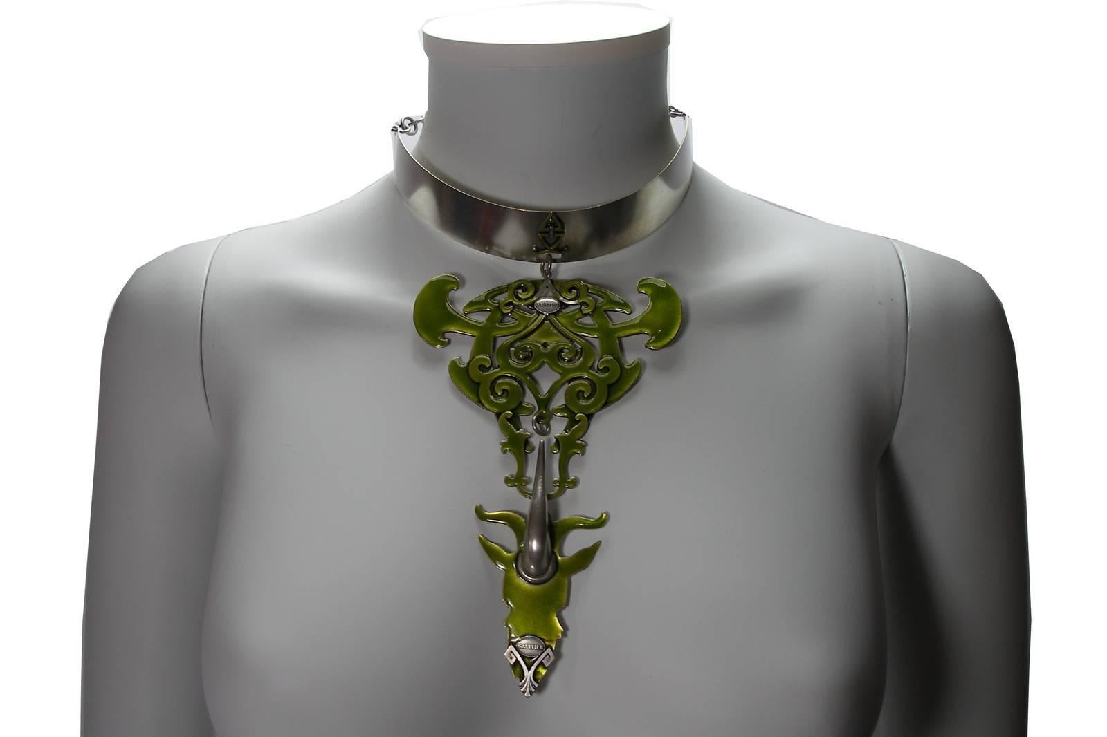 Circa 1995's Stunning Jean Paul Gaultier Tribal Apple Green Enamel Necklace For Sale 4