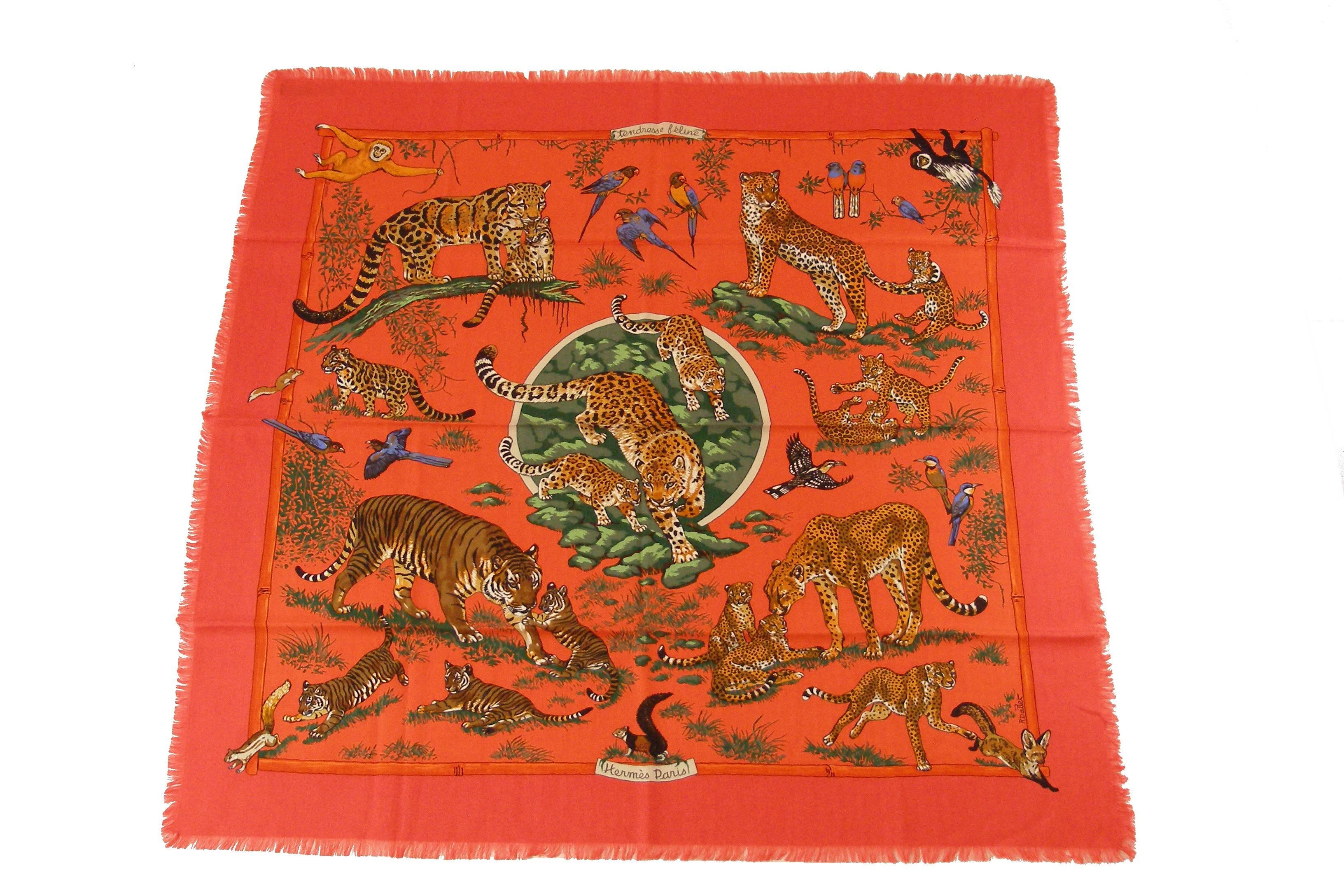 Marvelous luxurious scarf MADE IN FRANCE by HERMES designed by Robert Dallet 
Smooth, delicate lovely!
Signature : Hermès - Paris, © Hermes by R Dallet
Composition : 65% Cashmere, 35% Silk, fringe edges
Care tag : Yes 
Multicolor ORANGE 
Dimension :