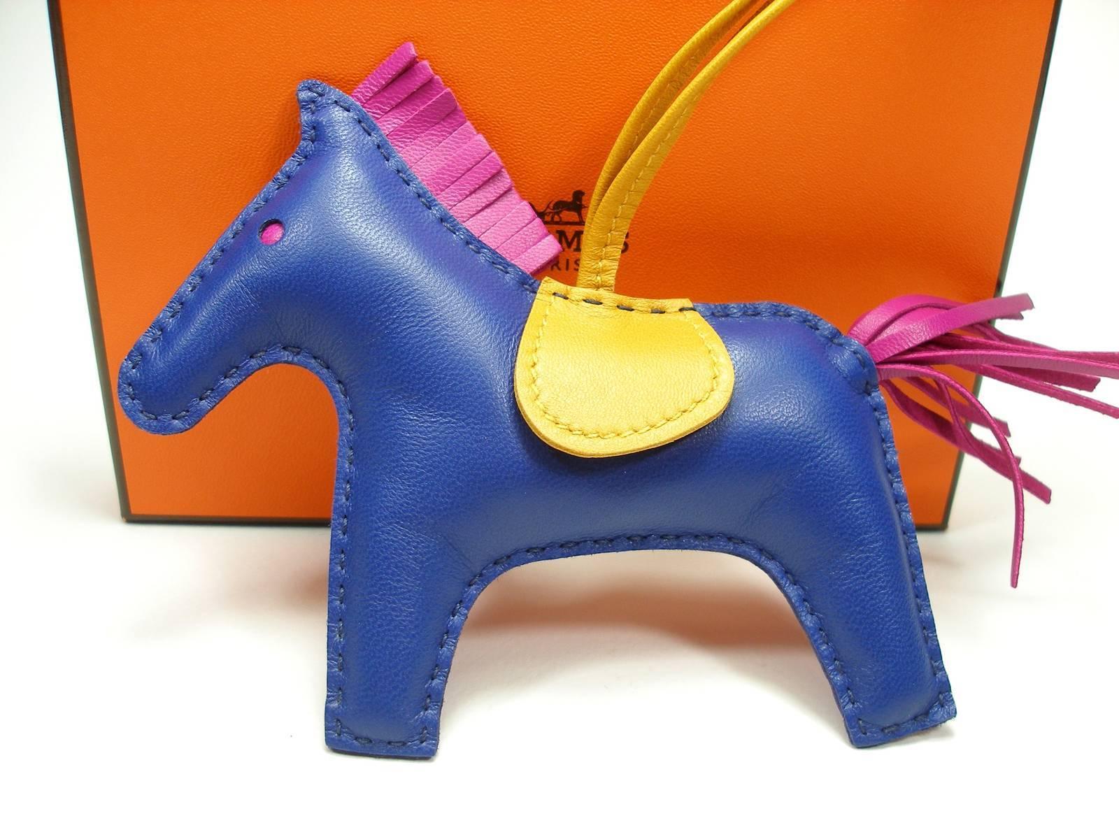  Hermes Rodeo Medium Size Horse Bag Charm Rare Bleu Saphir / Like New in Box 2