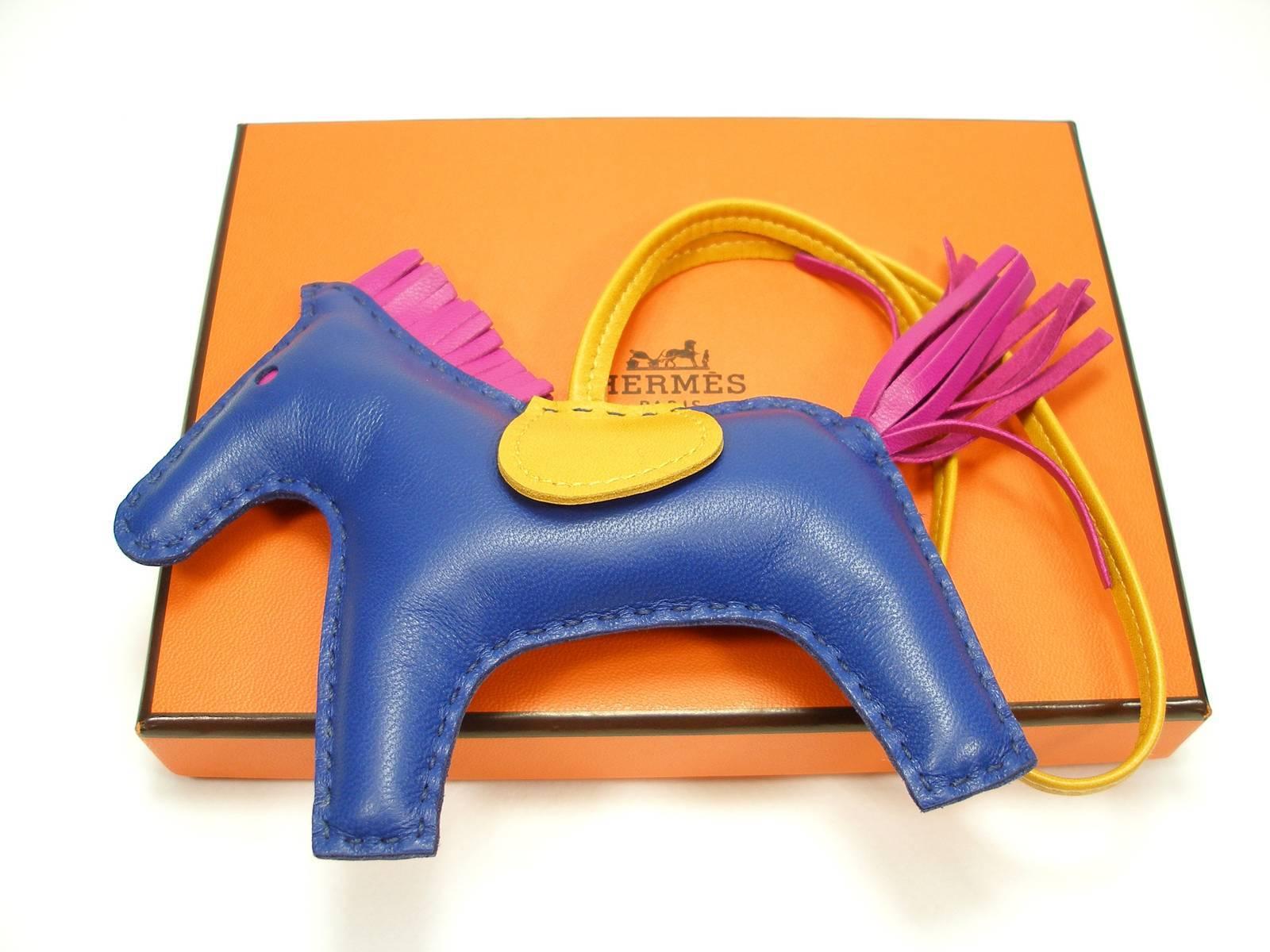 Orange  Hermes Rodeo Medium Size Horse Bag Charm Rare Bleu Saphir / Like New in Box