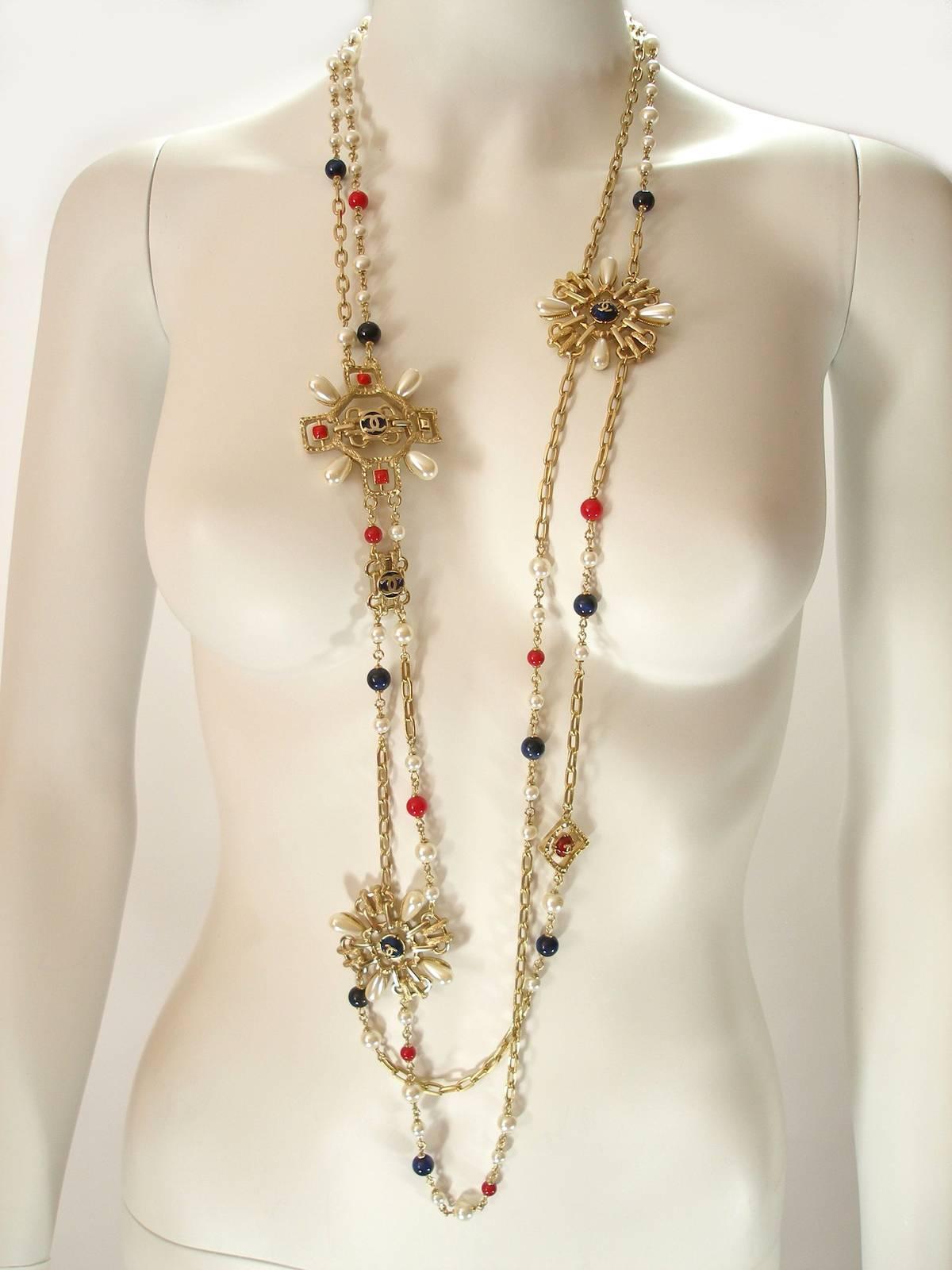 Chanel 2 Strand Long Necklace With Pearls and Medallions, Summer 2017 Collection In Excellent Condition In VERGT, FR