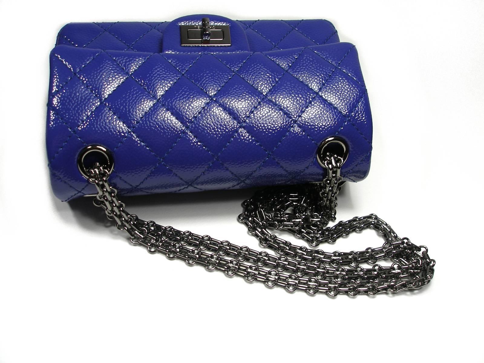 Women's Chanel 2.55 Reissue 225 Purple Patent Caviar Silver Chain Double Flap Bag New