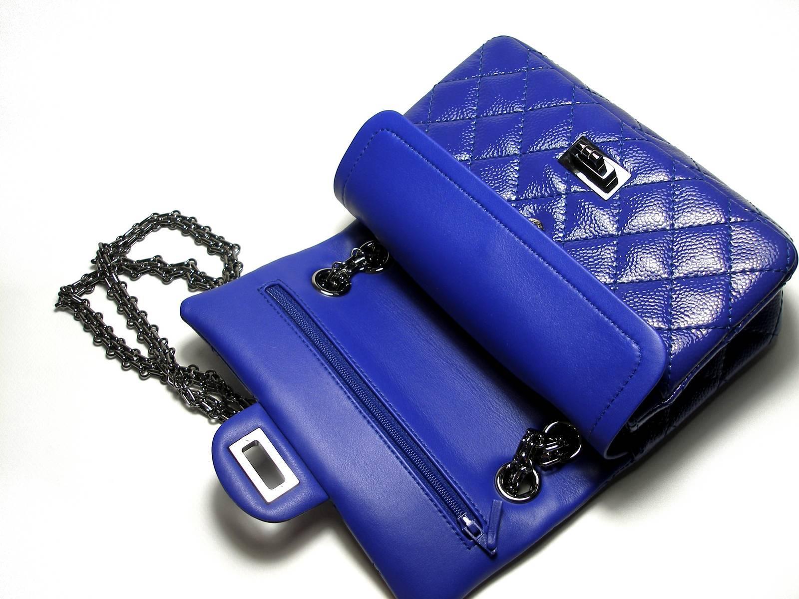 Chanel 2.55 Reissue 225 Purple Patent Caviar Silver Chain Double Flap Bag New 10