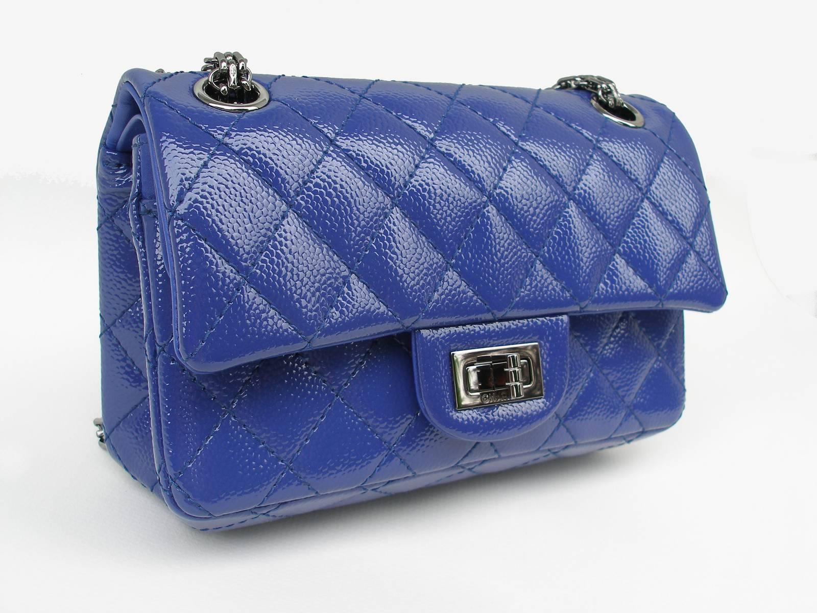 Chanel 2.55 Reissue 225 Purple Patent Caviar Silver Chain Double Flap Bag New 12