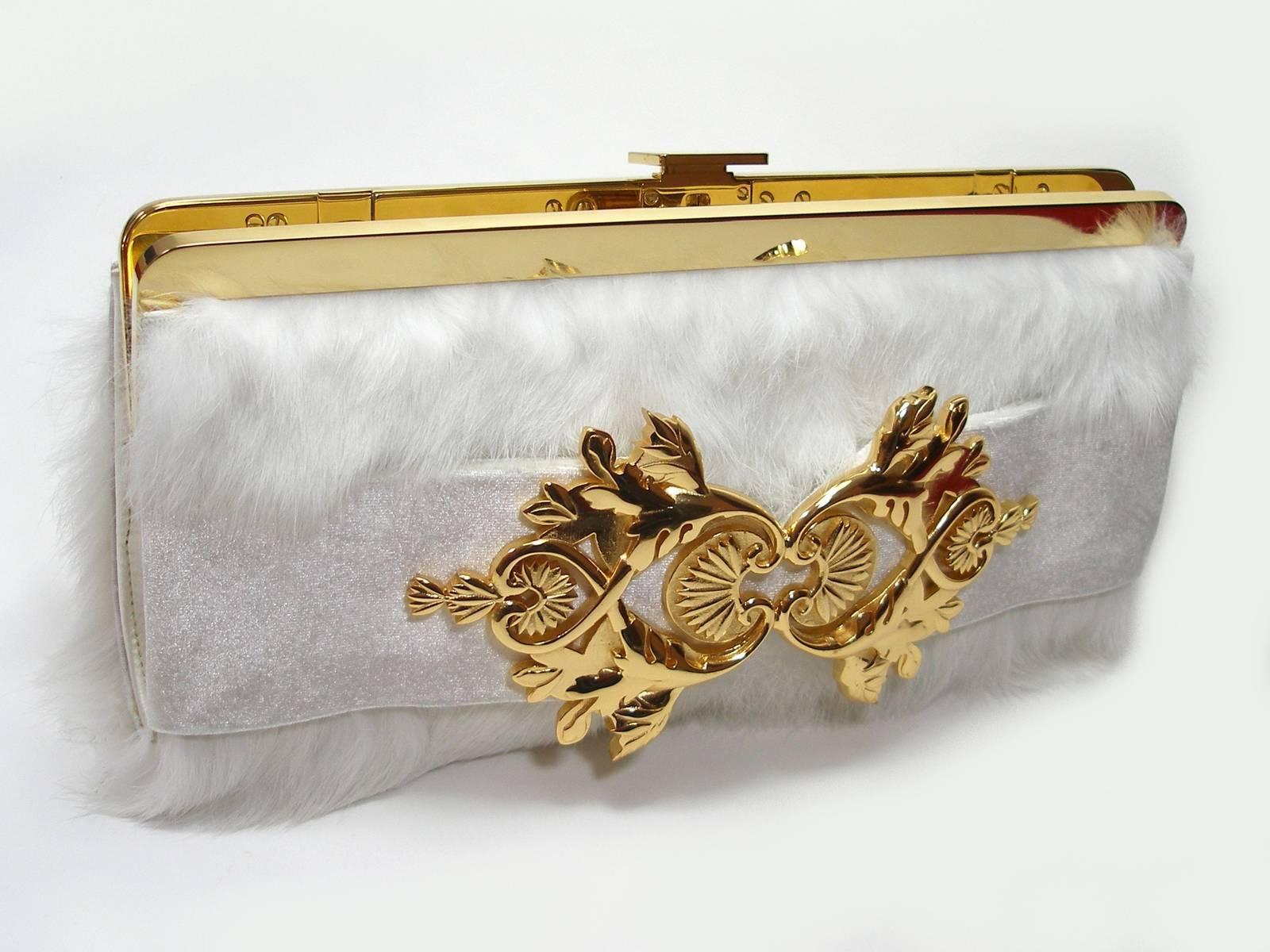 Balmain Baroque Style Fur White and gold hardware Evening Clutch  1
