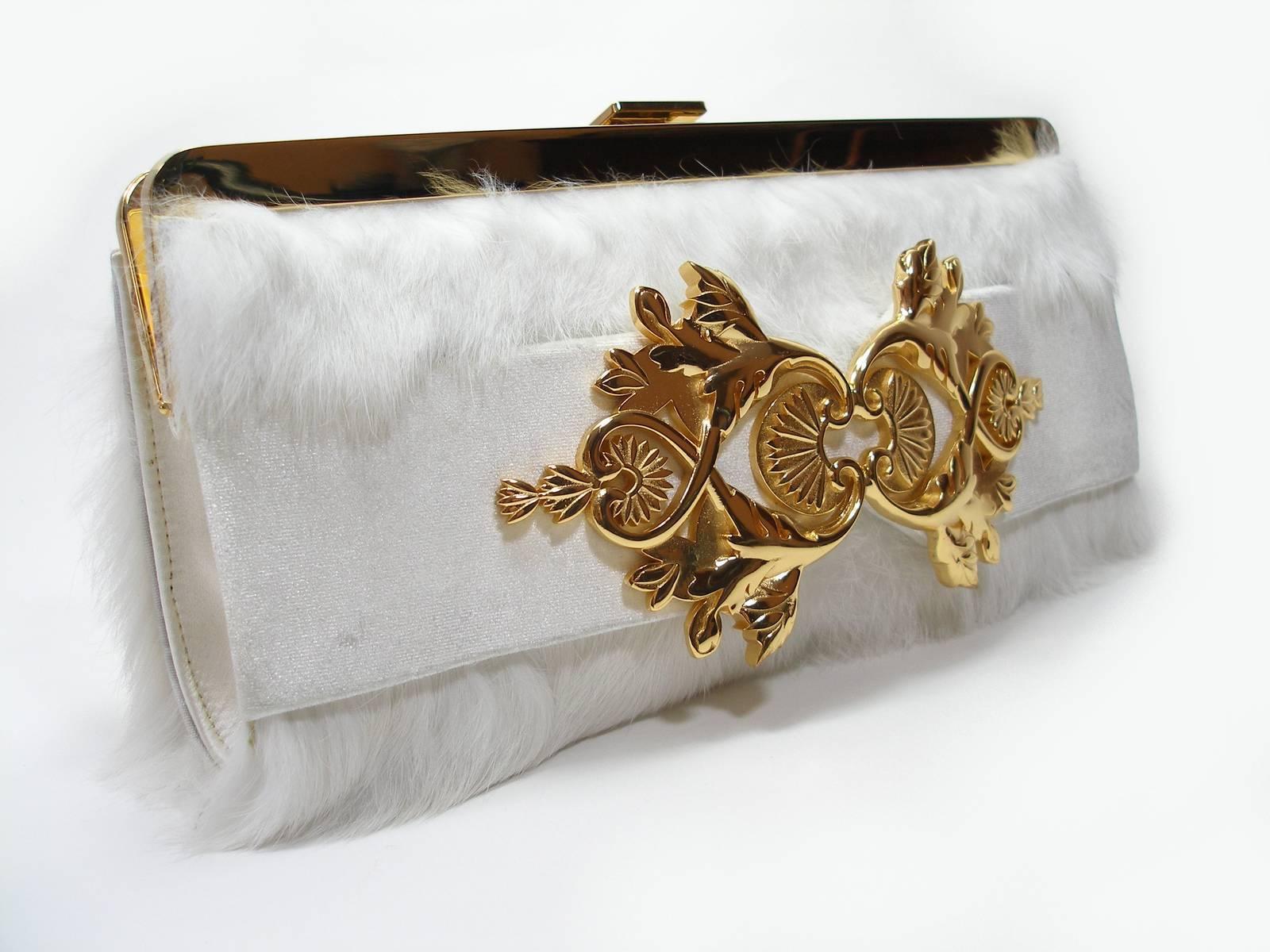 Women's Balmain Baroque Style Fur White and gold hardware Evening Clutch 