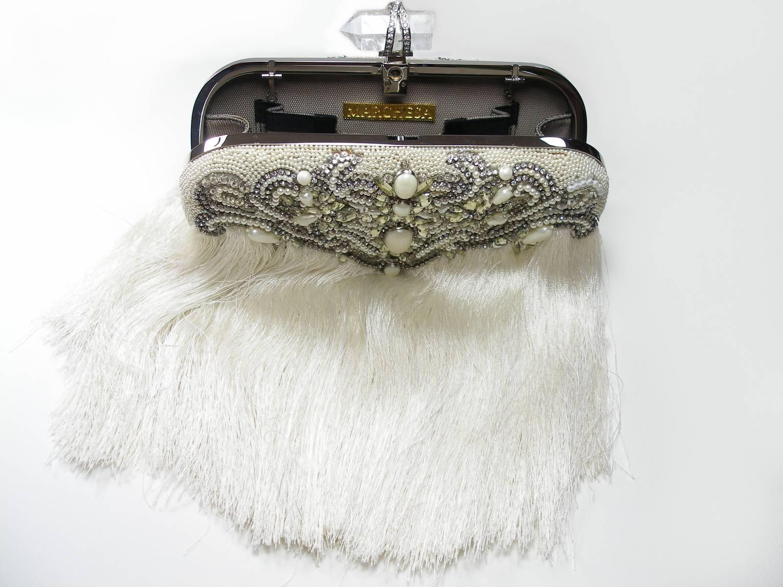 Gray Couture Marchesa Lily Embroidered and Embellished White Fringed Beaded Clutch For Sale