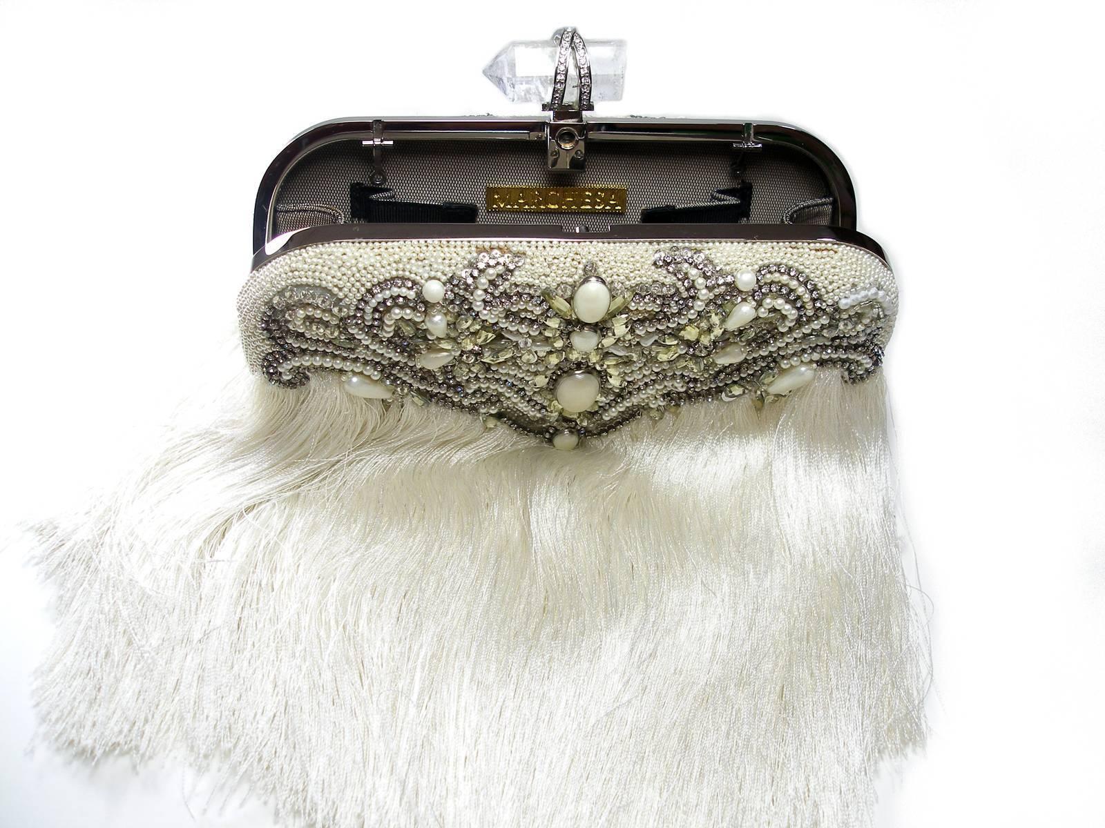 Couture Marchesa Lily Embroidered and Embellished White Fringed Beaded Clutch For Sale 1