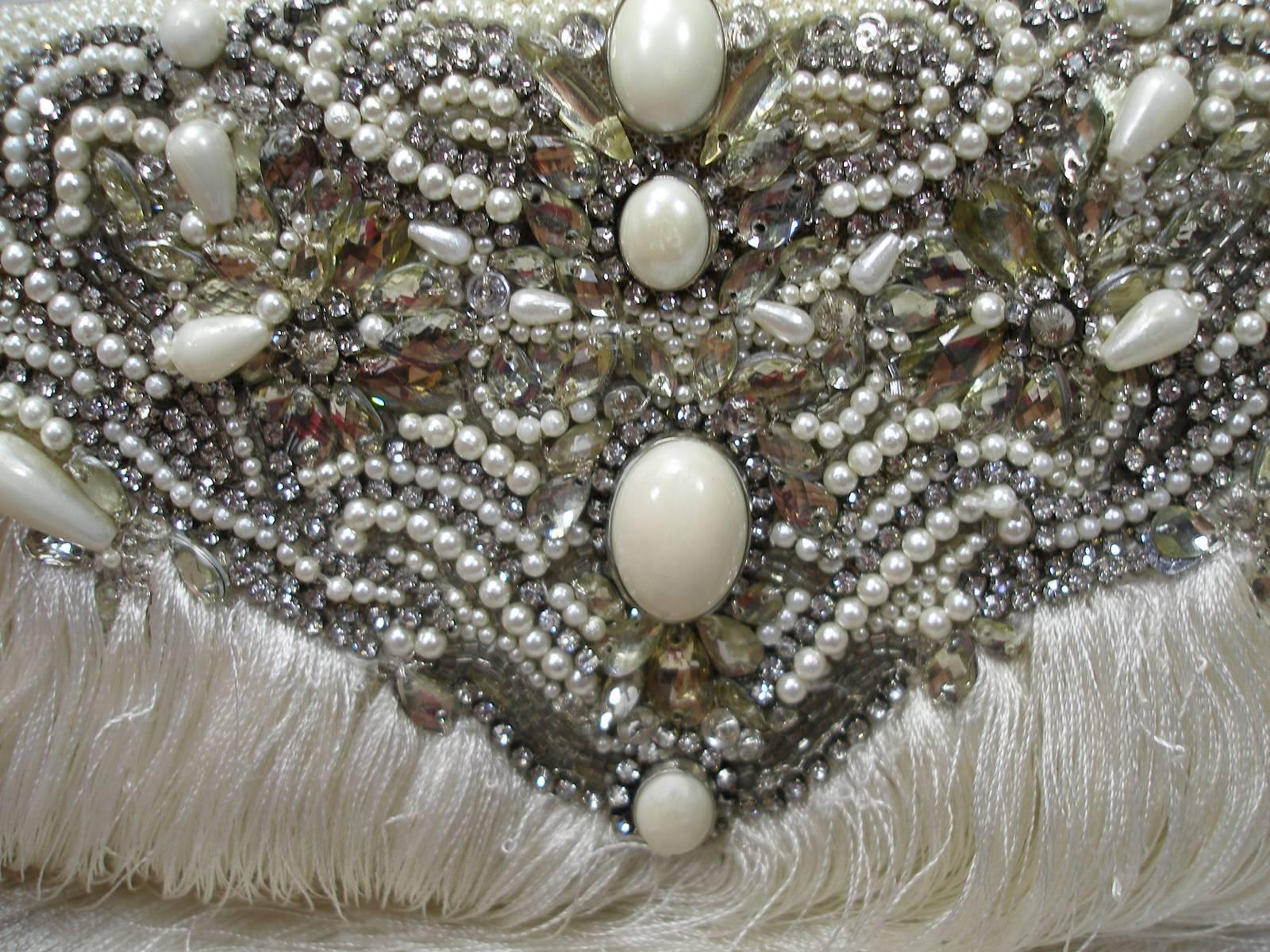 Couture Marchesa Lily Embroidered and Embellished White Fringed Beaded Clutch For Sale 7