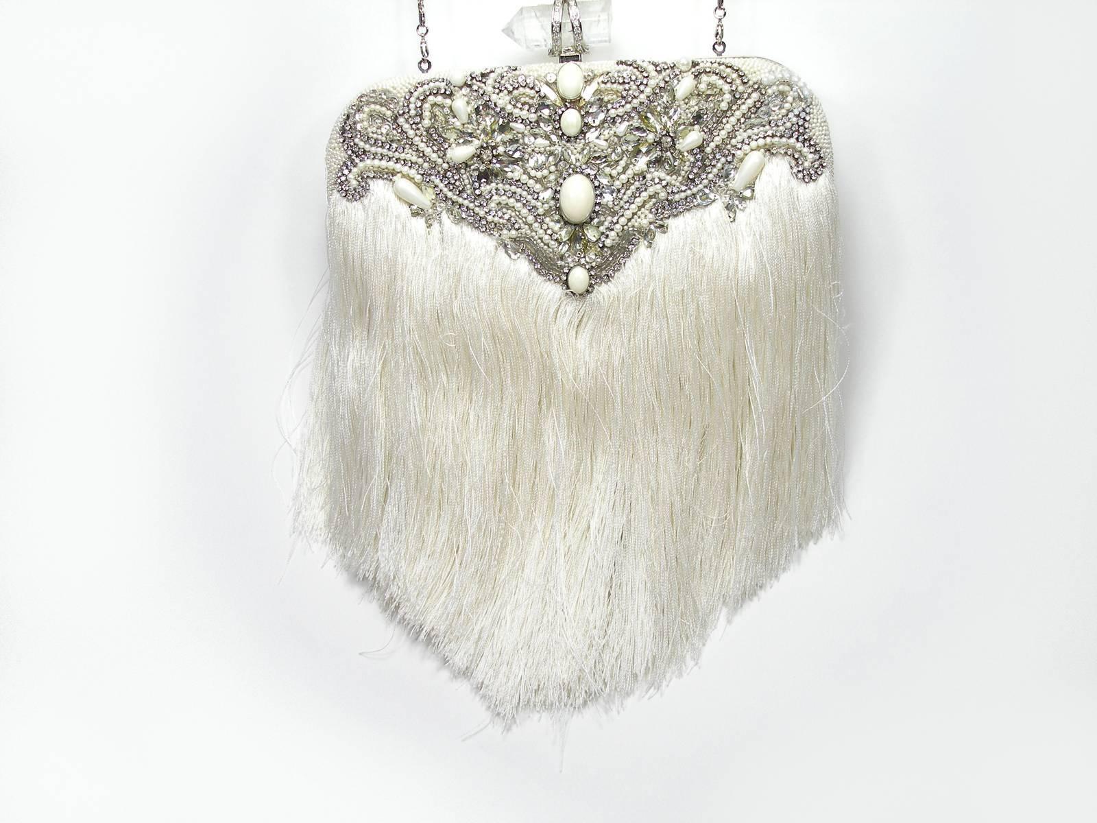 Couture Marchesa Lily Embroidered and Embellished White Fringed Beaded Clutch For Sale 4