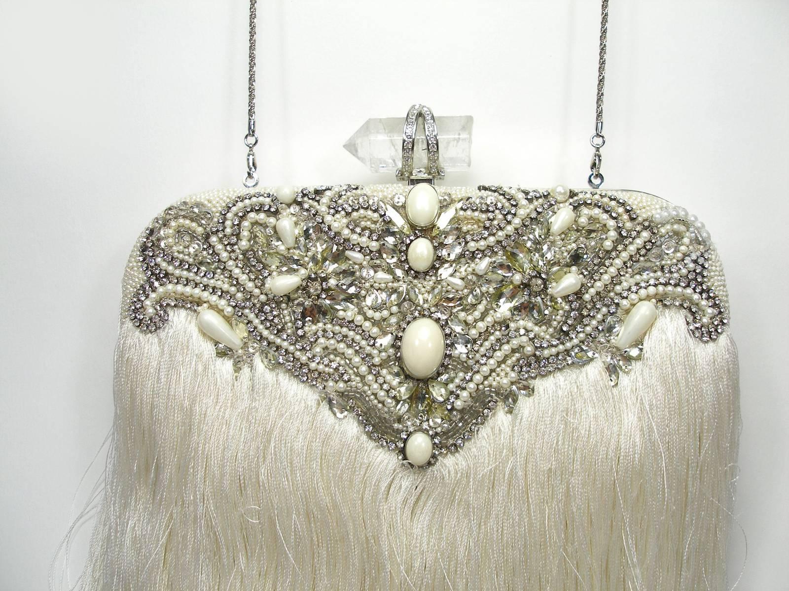 Couture Marchesa Lily Embroidered and Embellished White Fringed Beaded Clutch For Sale 3