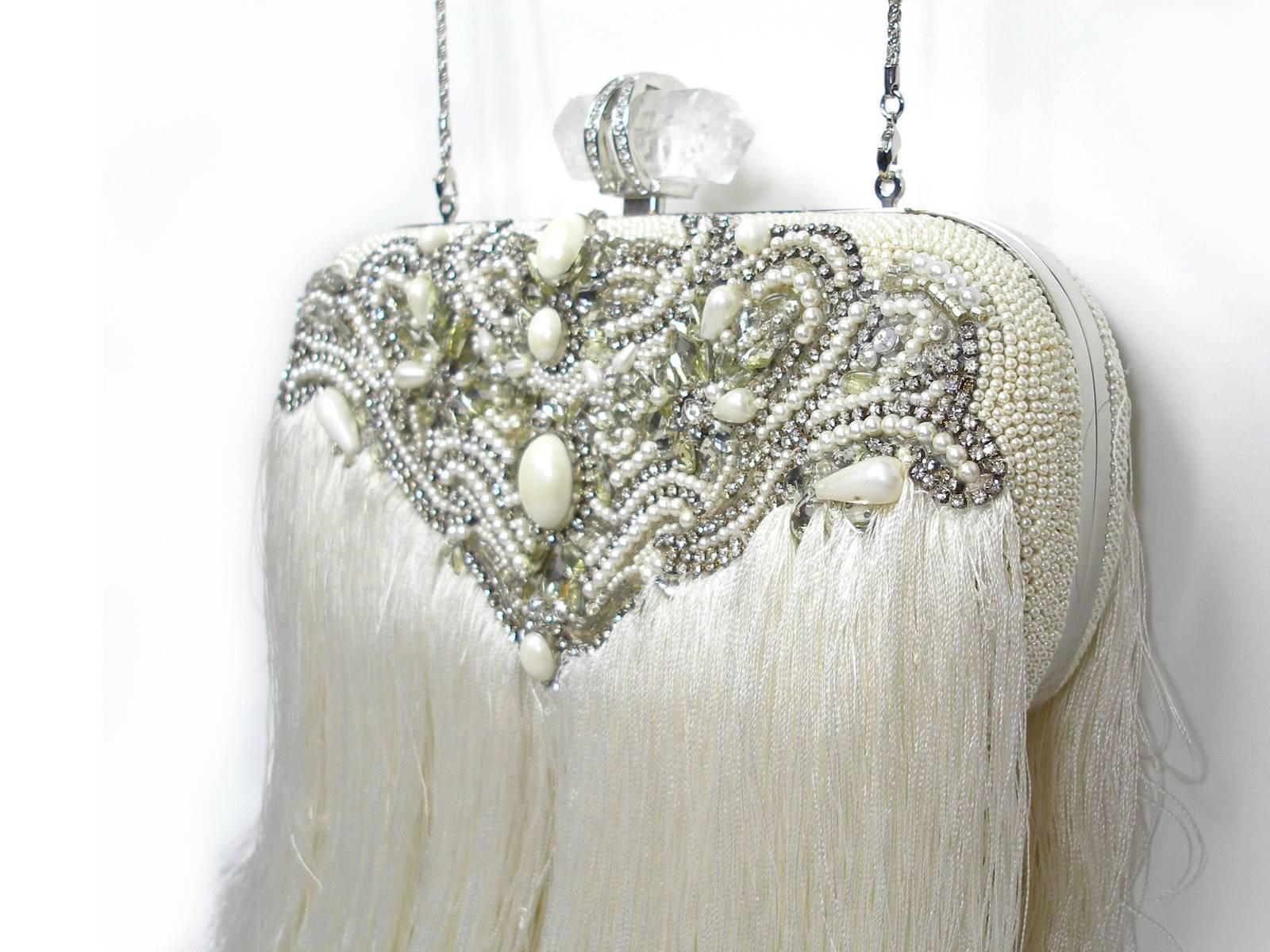 Women's Couture Marchesa Lily Embroidered and Embellished White Fringed Beaded Clutch For Sale