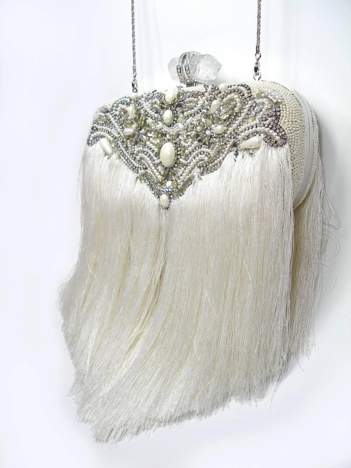Couture Marchesa Lily Embroidered and Embellished White Fringed Beaded Clutch For Sale 2