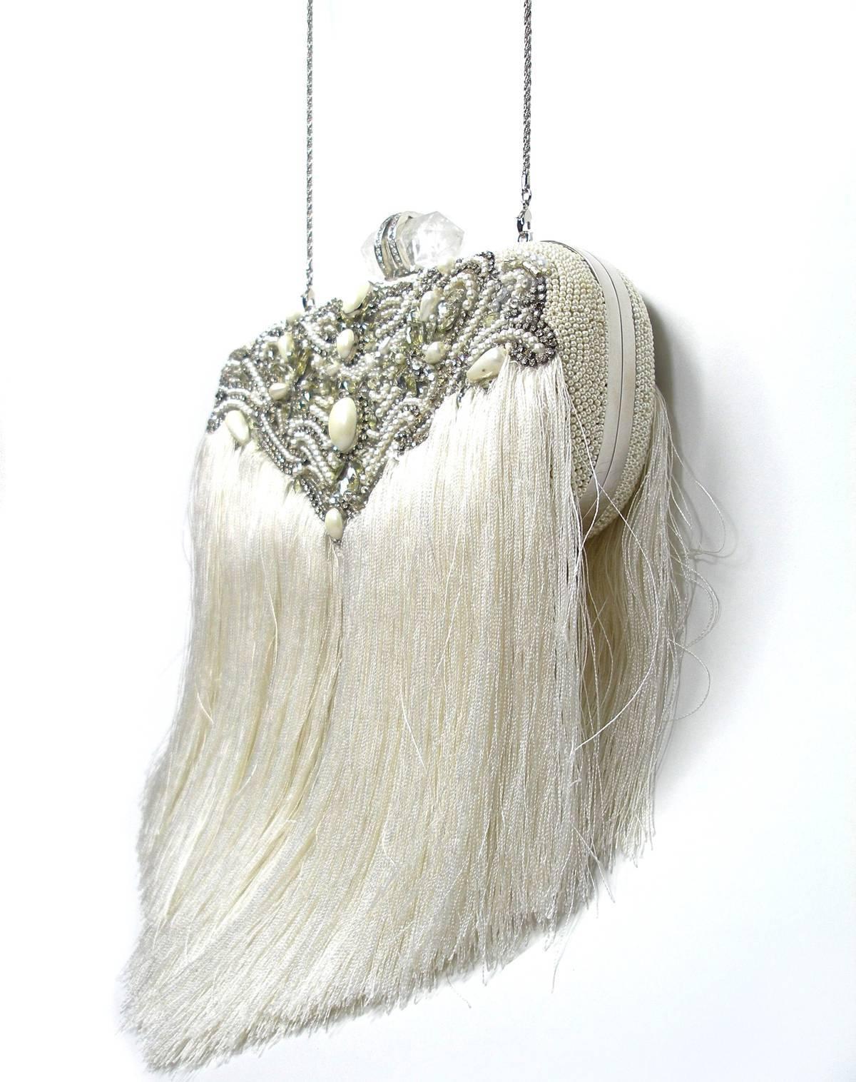 Couture Marchesa Lily Embroidered and Embellished White Fringed Beaded Clutch For Sale 6