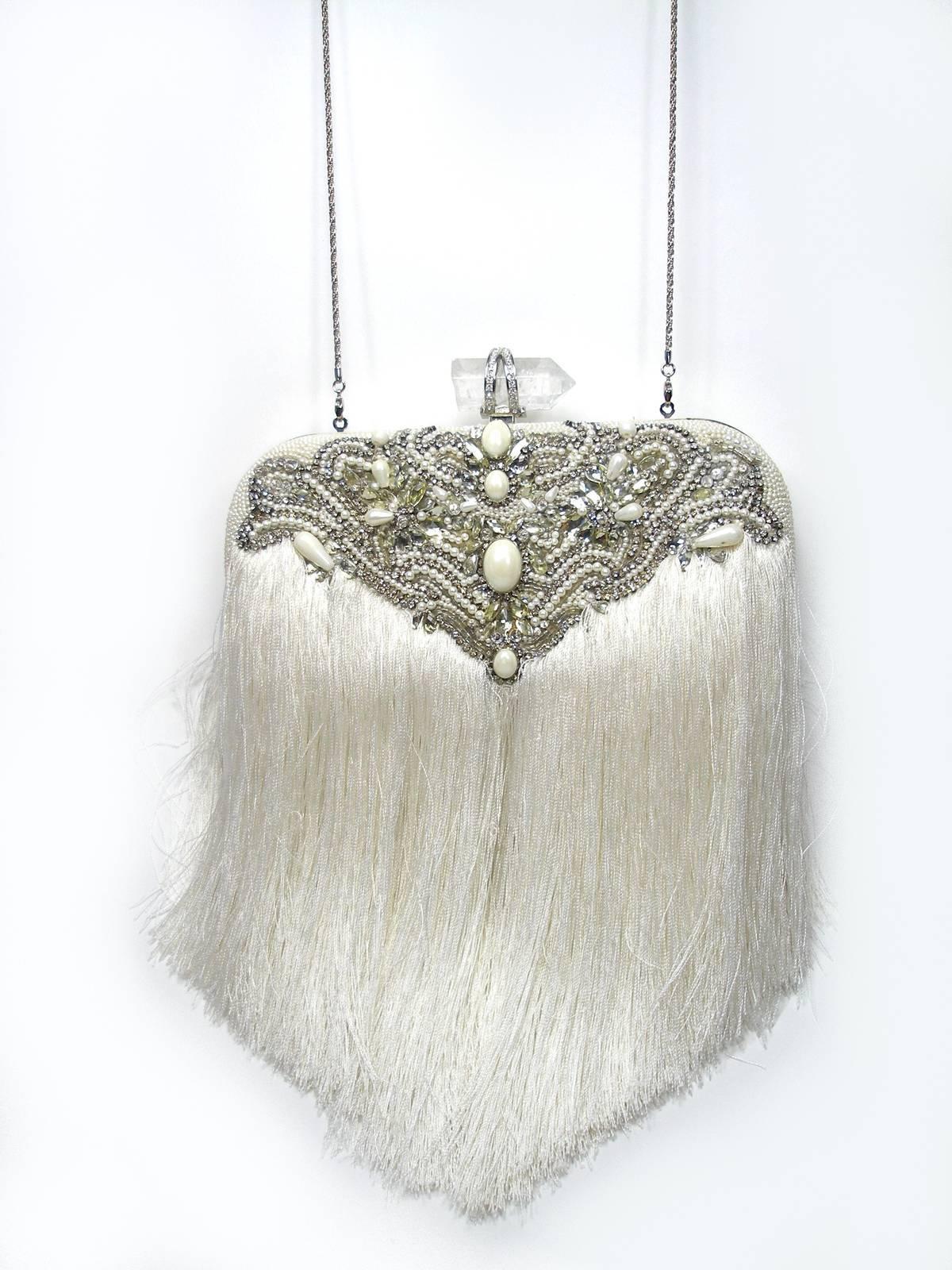 Couture Marchesa Lily Embroidered and Embellished White Fringed Beaded Clutch For Sale 5
