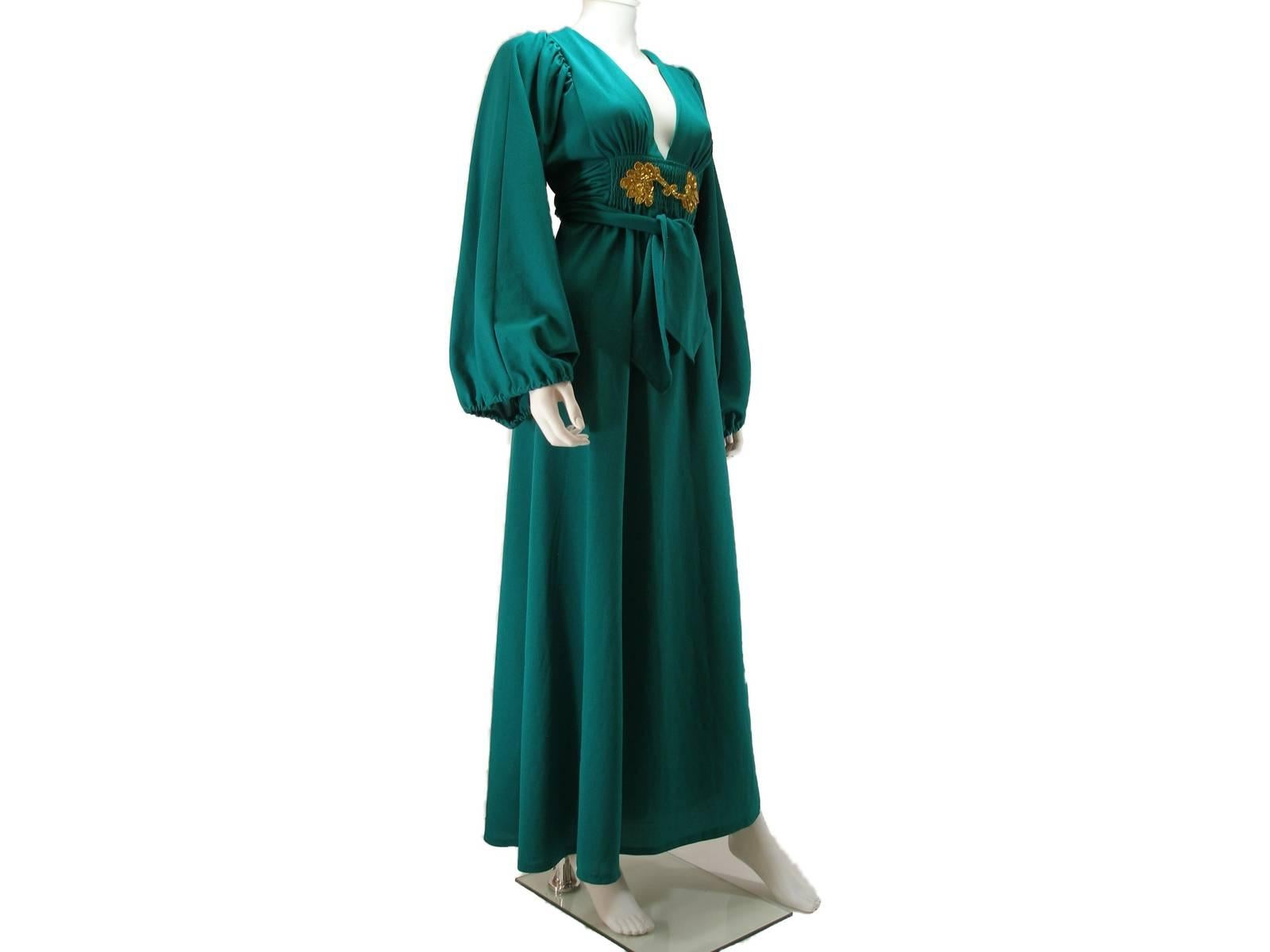 Women's Rare Vintage Deep Green Ossie Clark for Radley early 1970's Maxi Dress US 4 Size For Sale