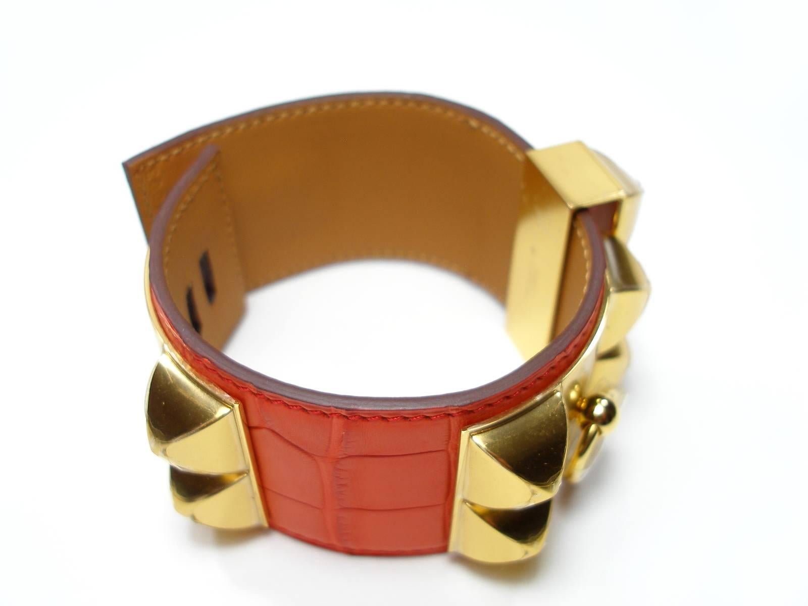 Hermès Bracelet Collier de Chien Alligator Mat Orange Poppy and Gold Plated HDW 4
