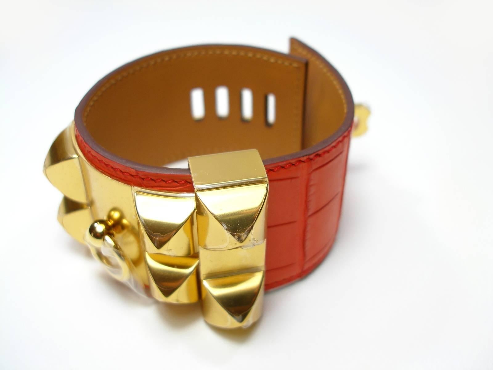 Hermès Bracelet Collier de Chien Alligator Mat Orange Poppy and Gold Plated HDW 3