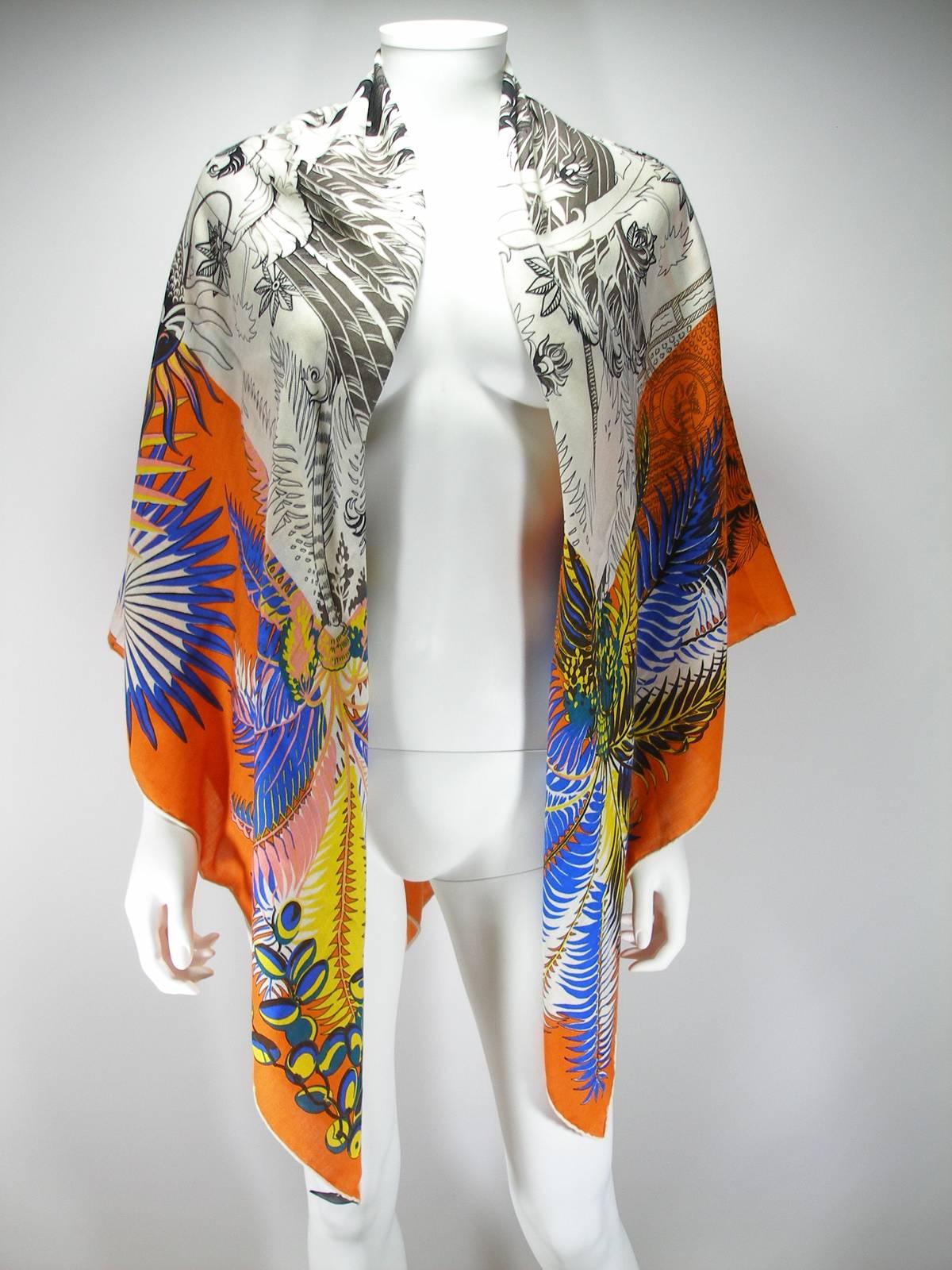 Foulard Hermès 140cm Mythiques Phoenix - Soie/Cachemire Orange & Bleu - Avec Boîte