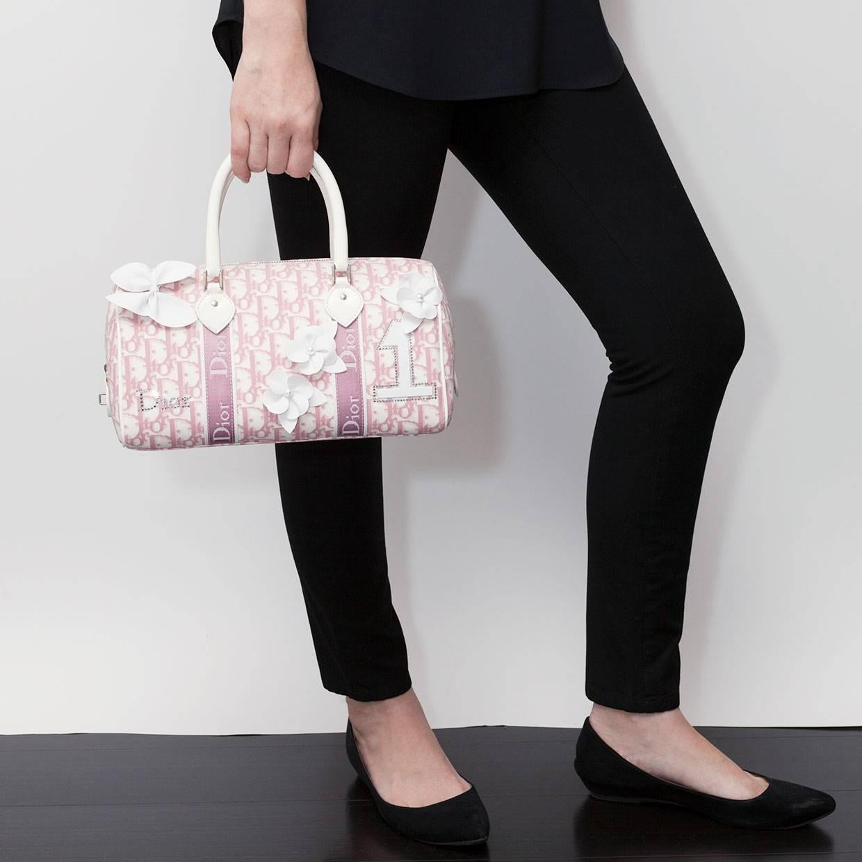 Christian Dior Pink & White Logo Canvas Girly Flowers Boston Tote Bag 2