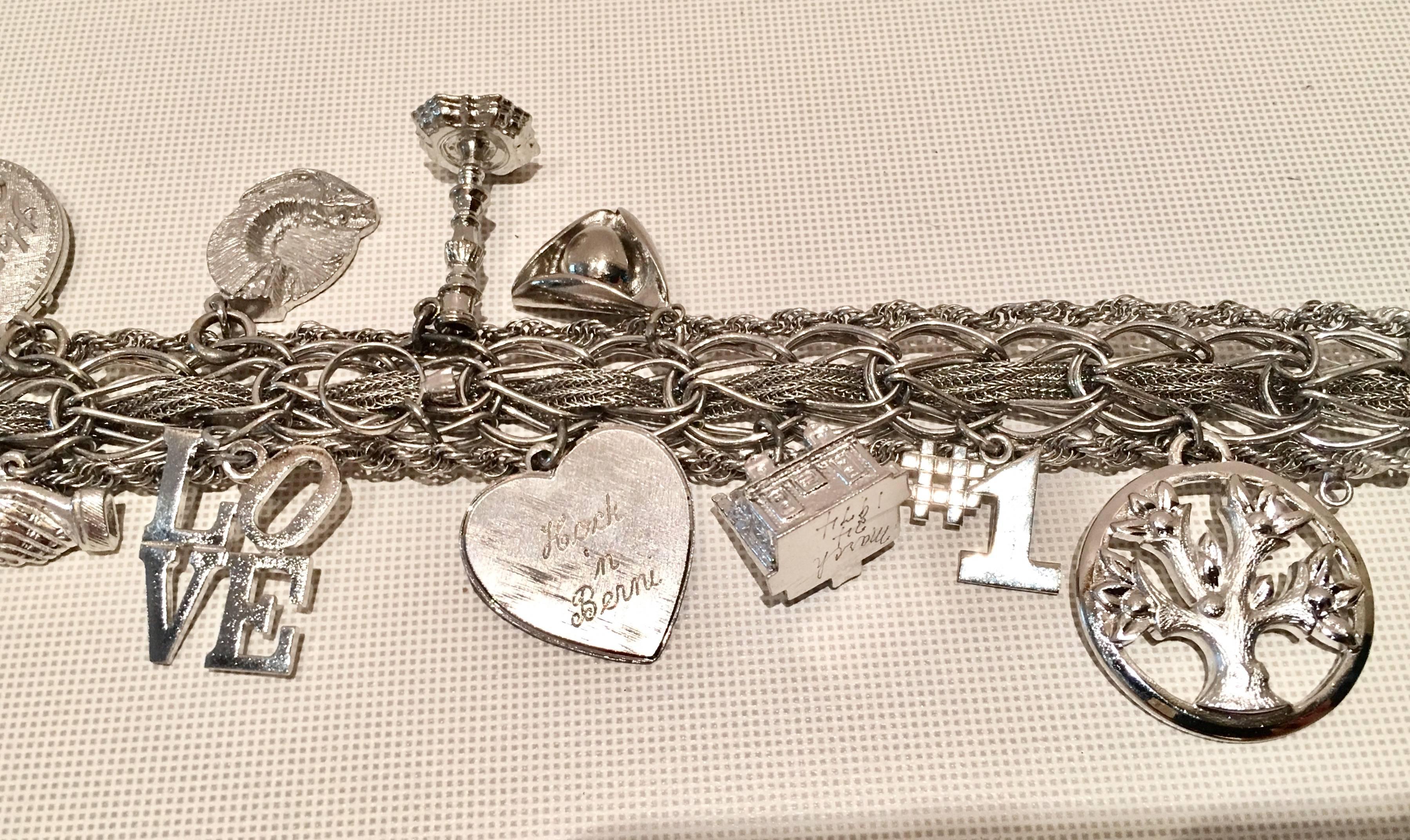 Women's or Men's 1960s Italian Sterling Silver 13 Piece Charm Chain Link Bracelet