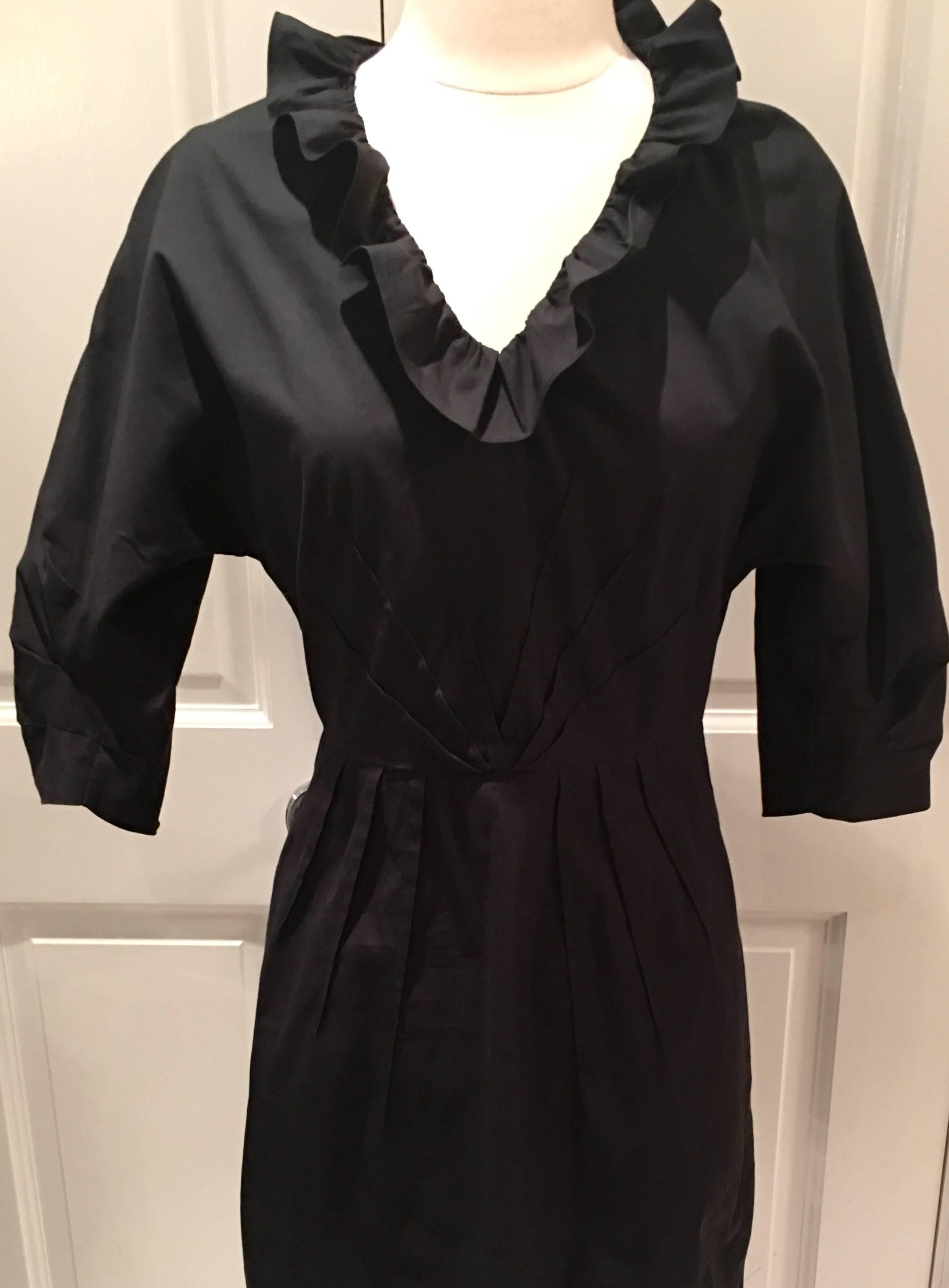 Prada Milano Black Ruffle V-Neck Collar Cotton Dress In Excellent Condition In West Palm Beach, FL