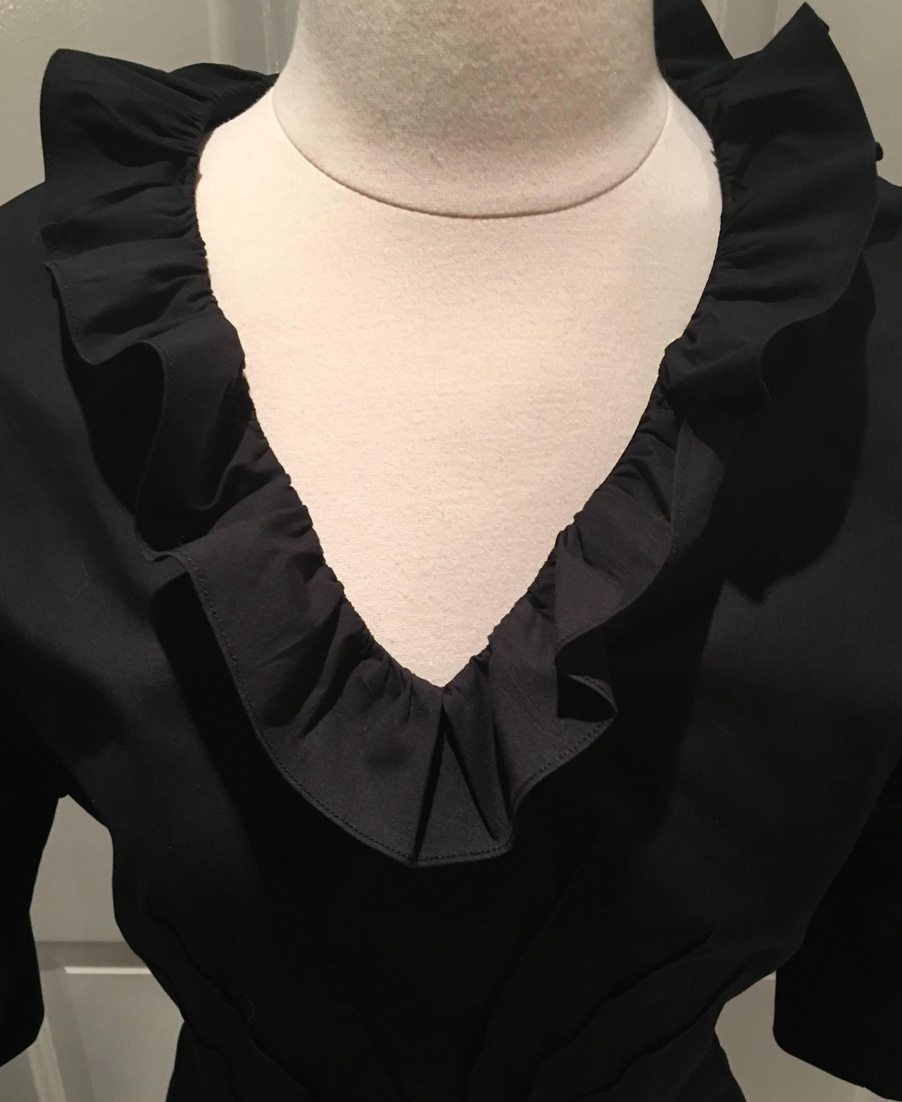 Prada Milano Black Ruffle V-Neck Collar Cotton Dress 2