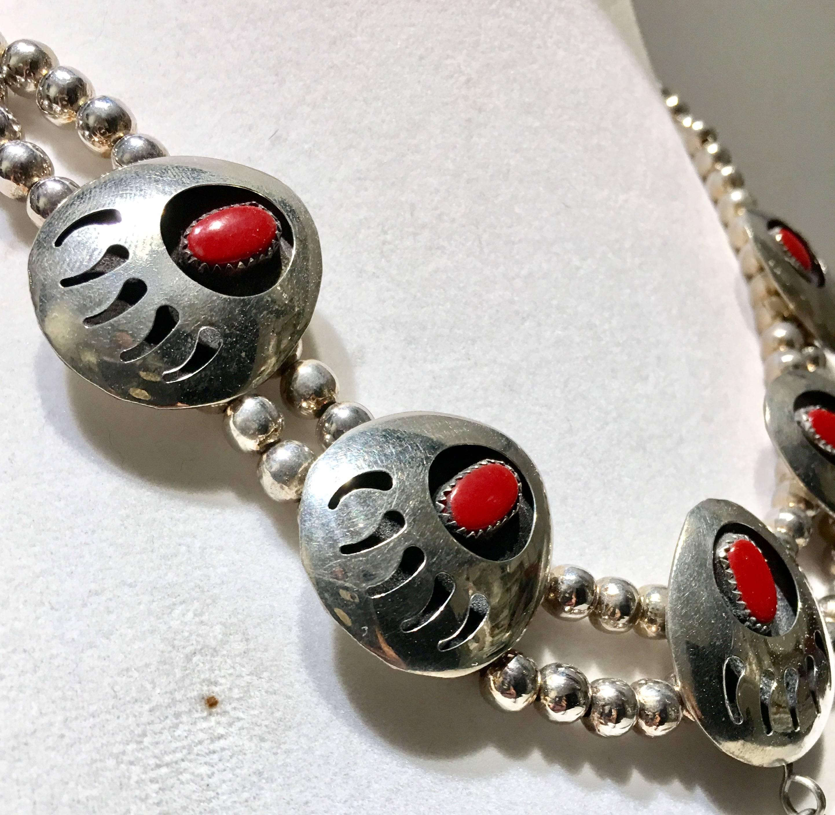 Native American Vintage Navajo Sterling and Coral Disc Squash Blossom Necklace For Sale
