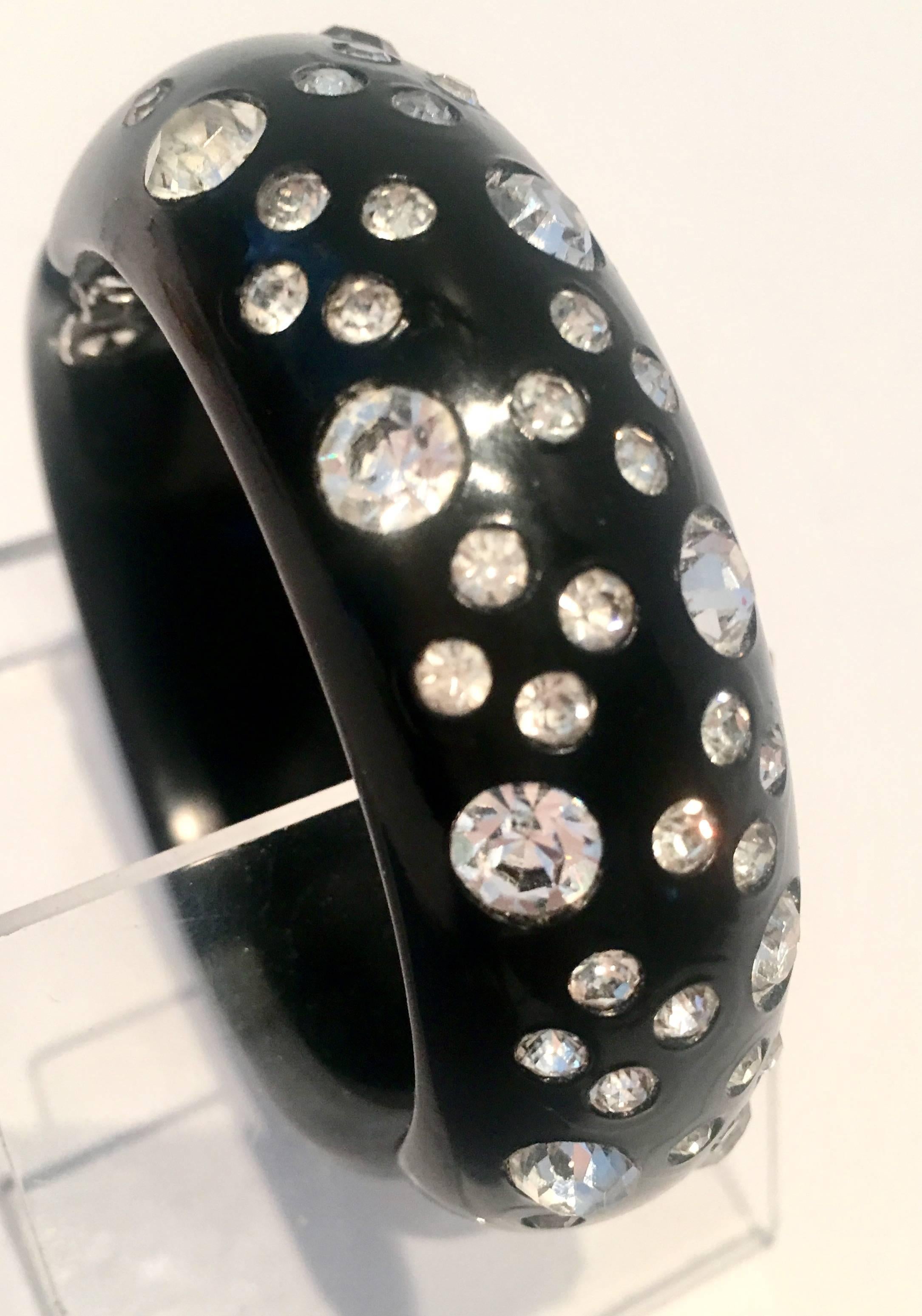 1950'S Weiss Black Thermoplastic & Austrian Crystal Clamper Bracelet  In Good Condition For Sale In West Palm Beach, FL