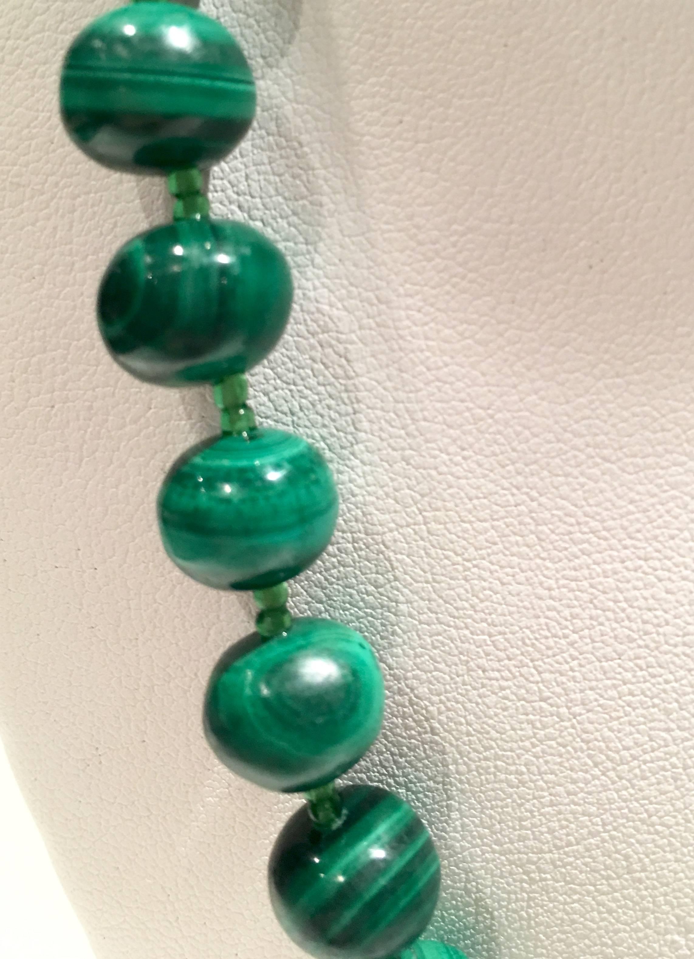 Vintage Malachite & Sterling Bead Necklace In Excellent Condition In West Palm Beach, FL