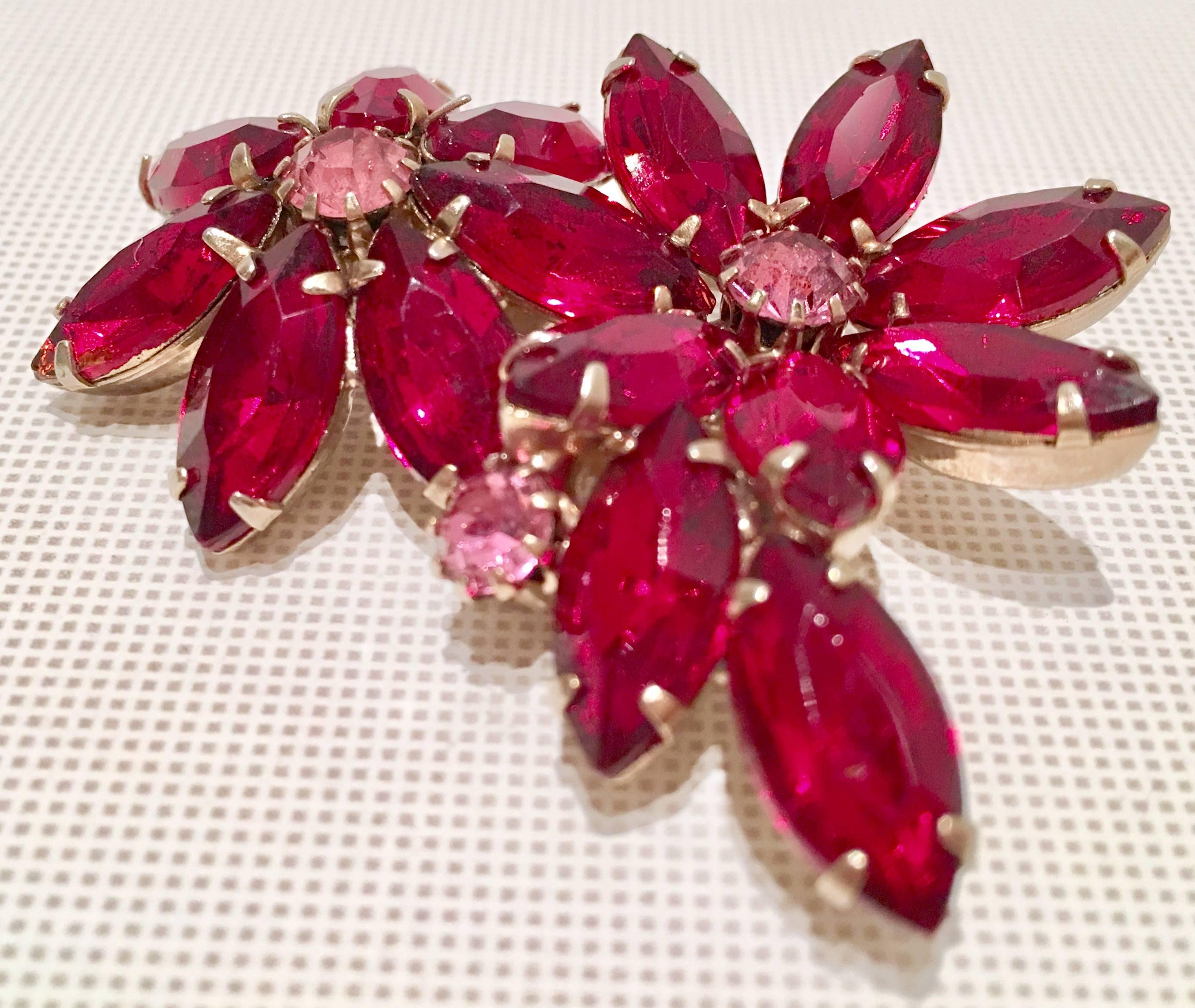 Mid-Century Ruby & Pink Sapphire Austrian Crystal Double Flower Brooch 2