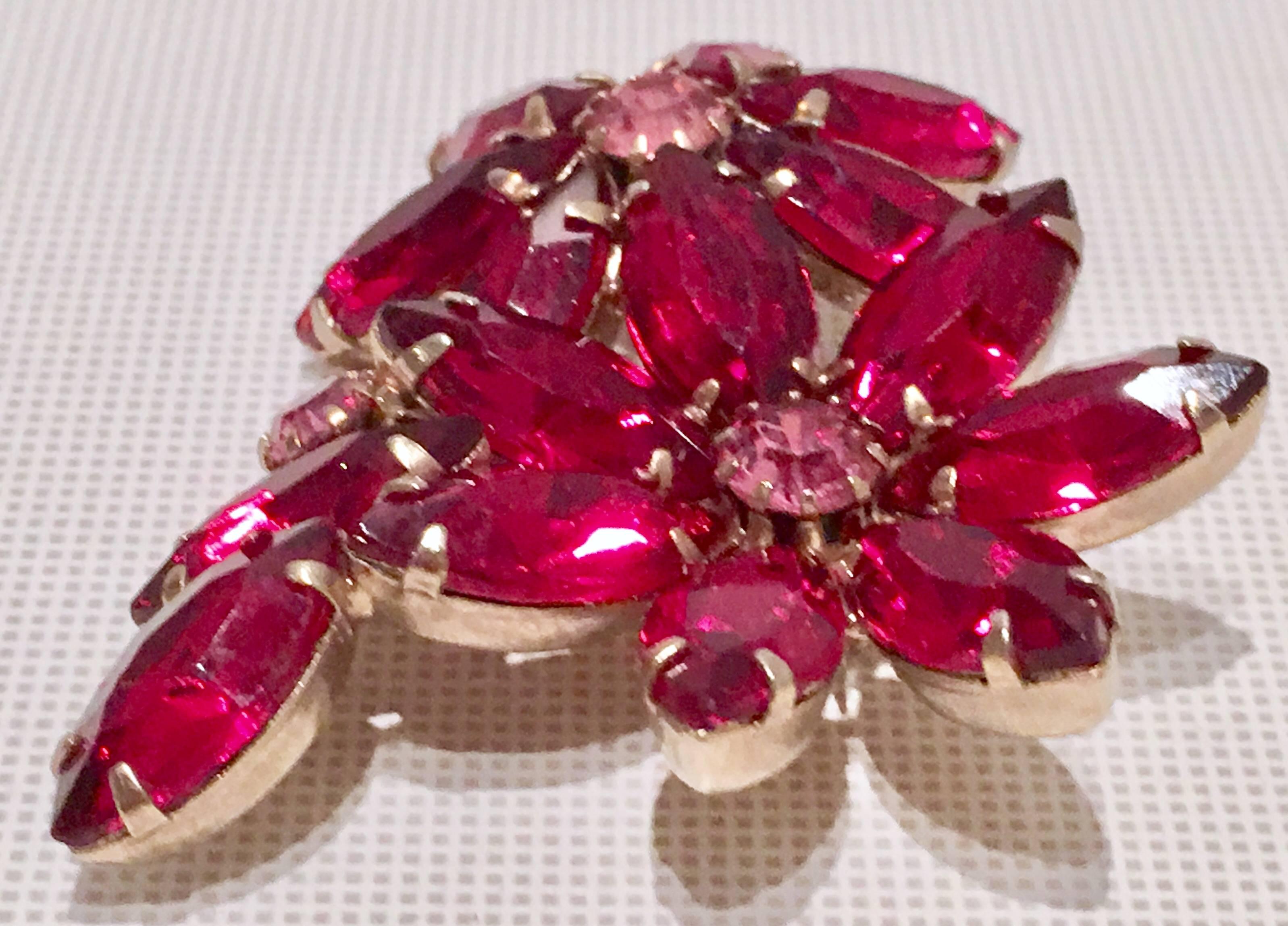 Mid-Century Ruby & Pink Sapphire Austrian Crystal Double Flower Brooch 3