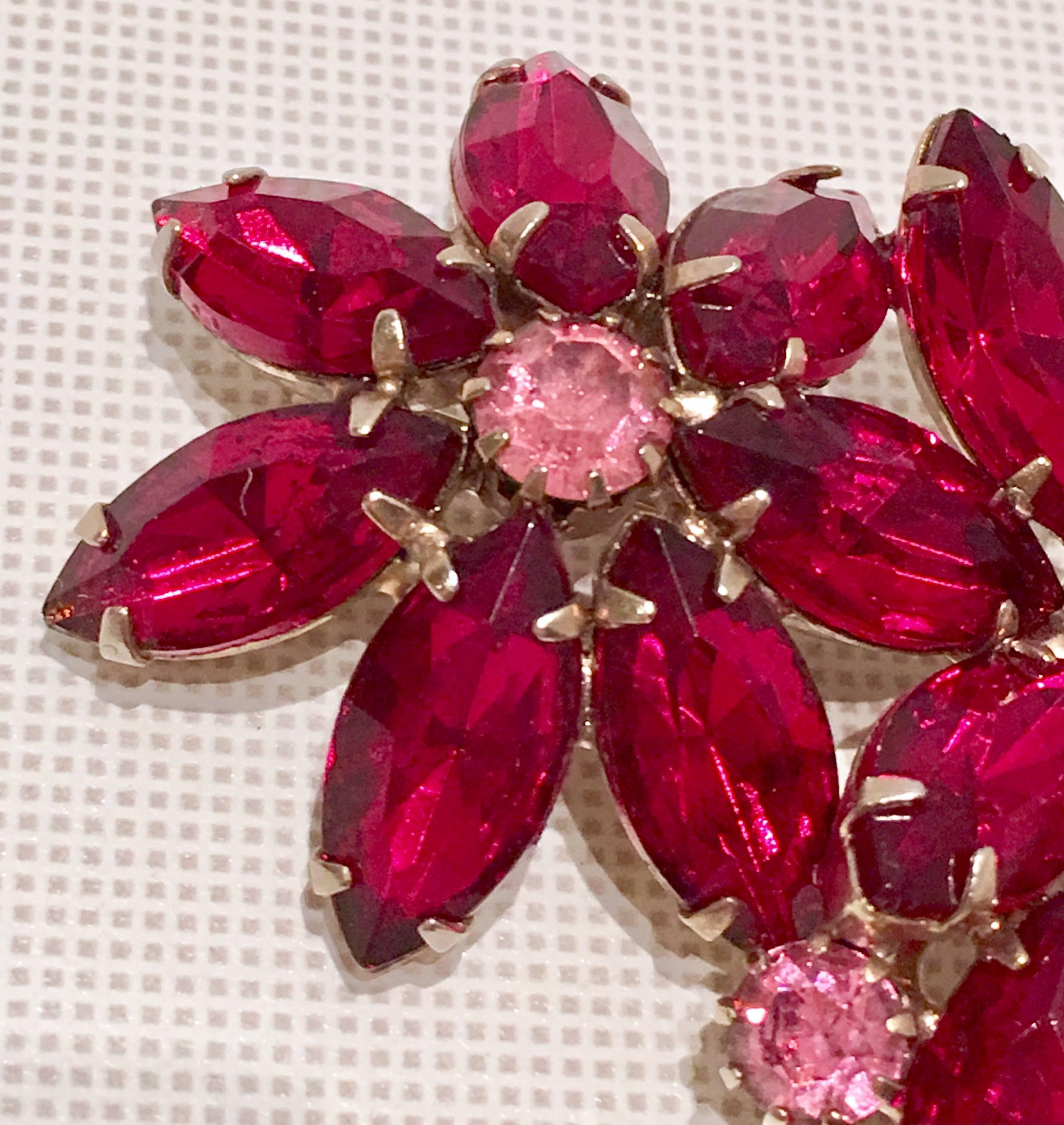 Mid-Century Ruby & Pink Sapphire Austrian Crystal Double Flower Brooch 5