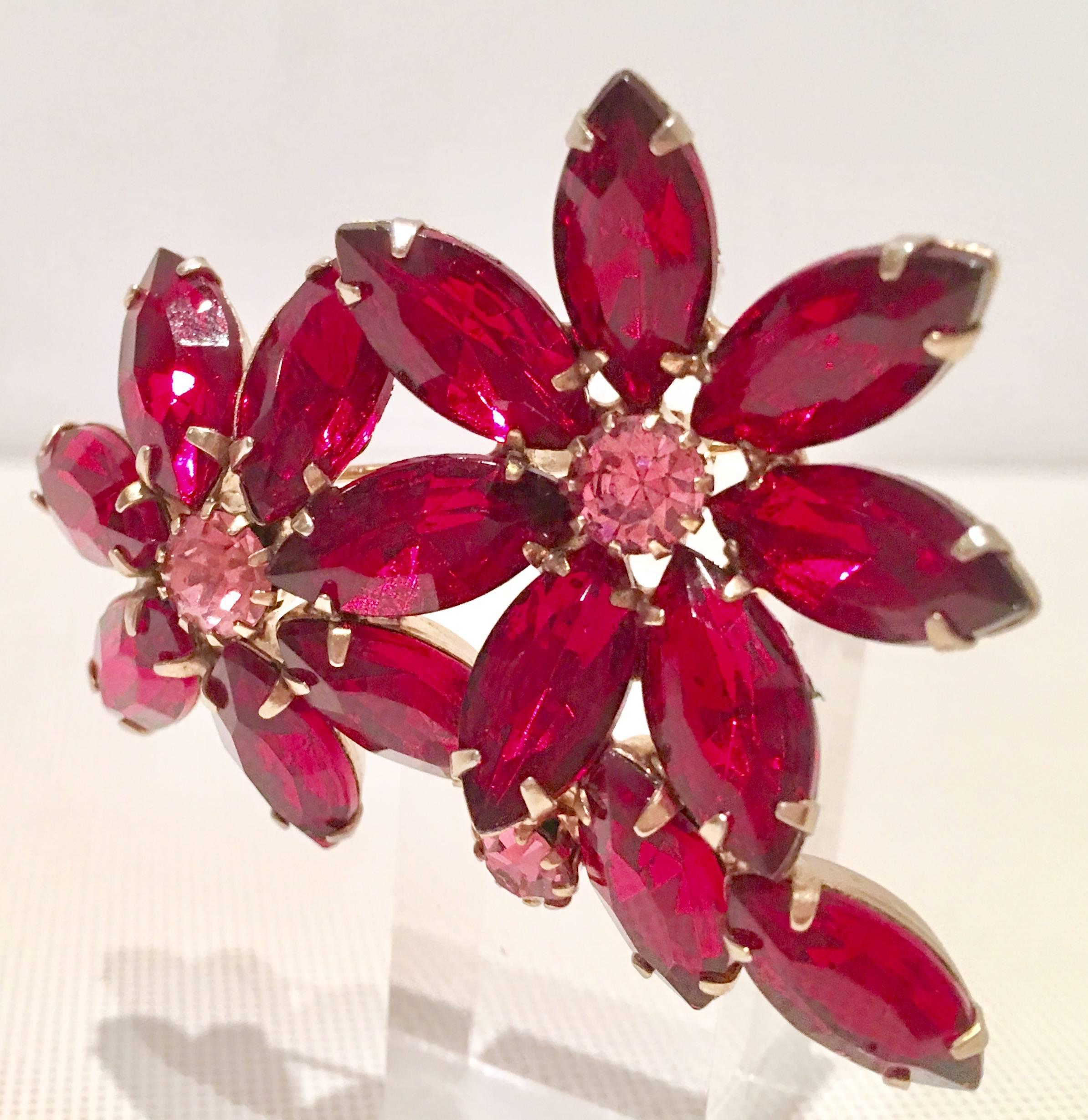 Women's or Men's Mid-Century Ruby & Pink Sapphire Austrian Crystal Double Flower Brooch