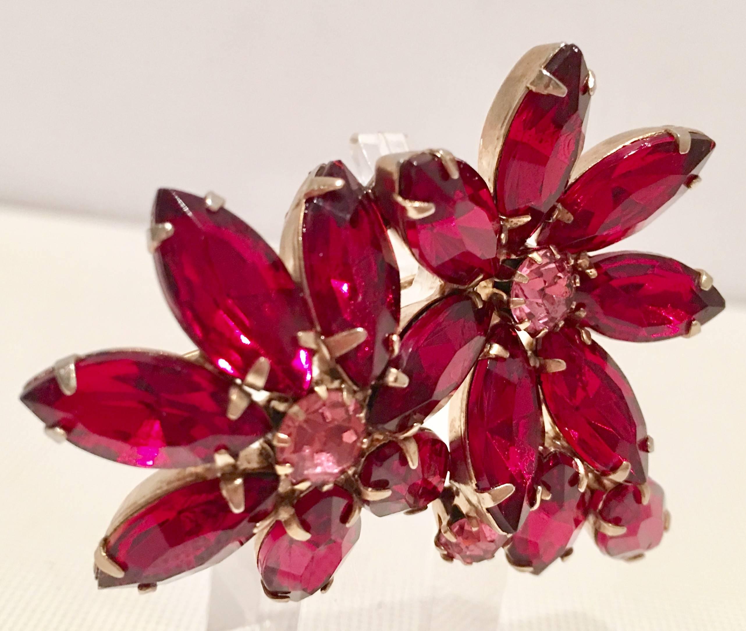 Mid-Century Ruby & Pink Sapphire Austrian Crystal Double Flower Brooch 1