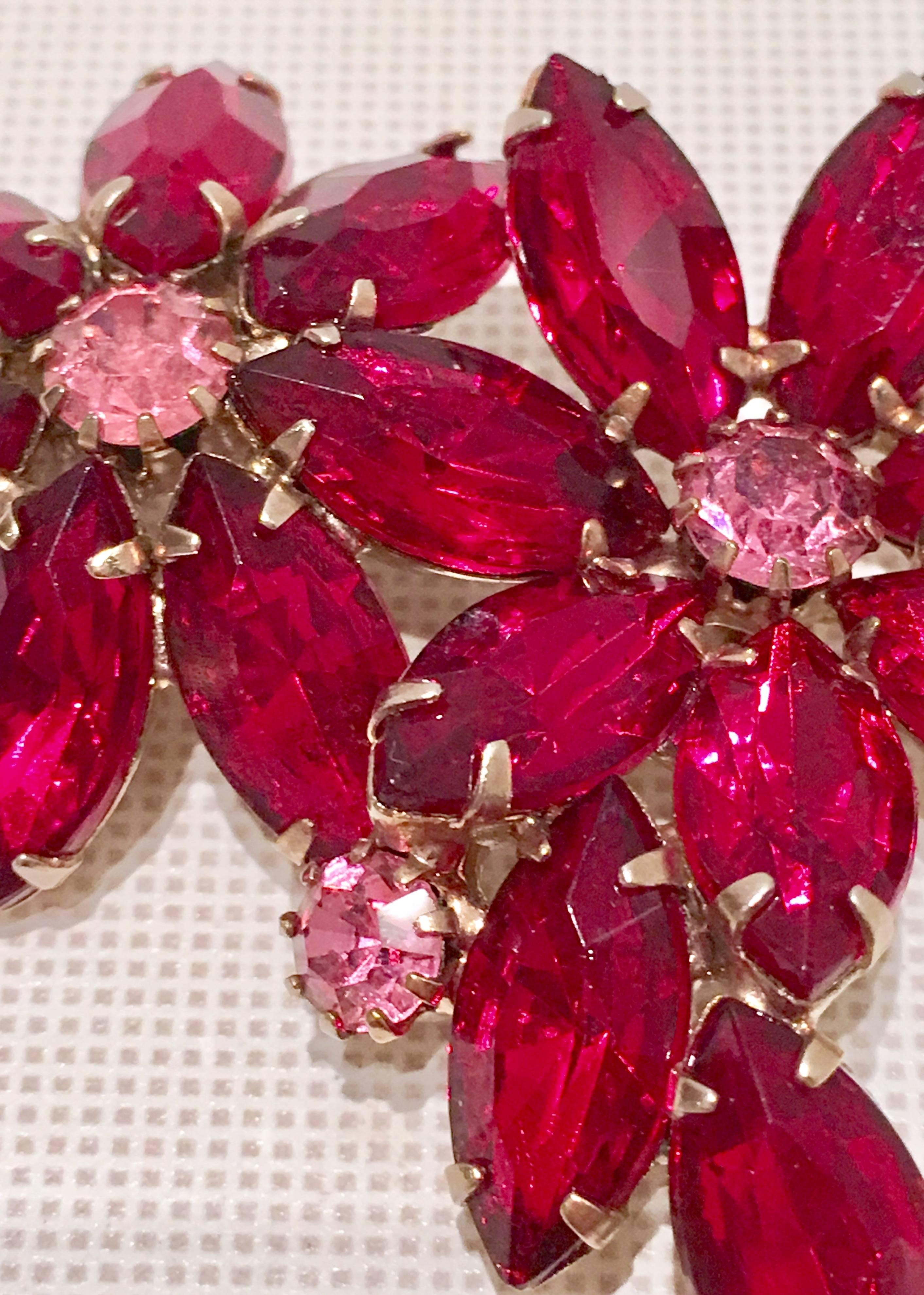 Mid-Century Ruby & Pink Sapphire Austrian Crystal Double Flower Brooch 4