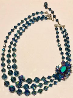 1950'S Triple Strand Peacock Blue Faceted Art Glass Beaded Necklace