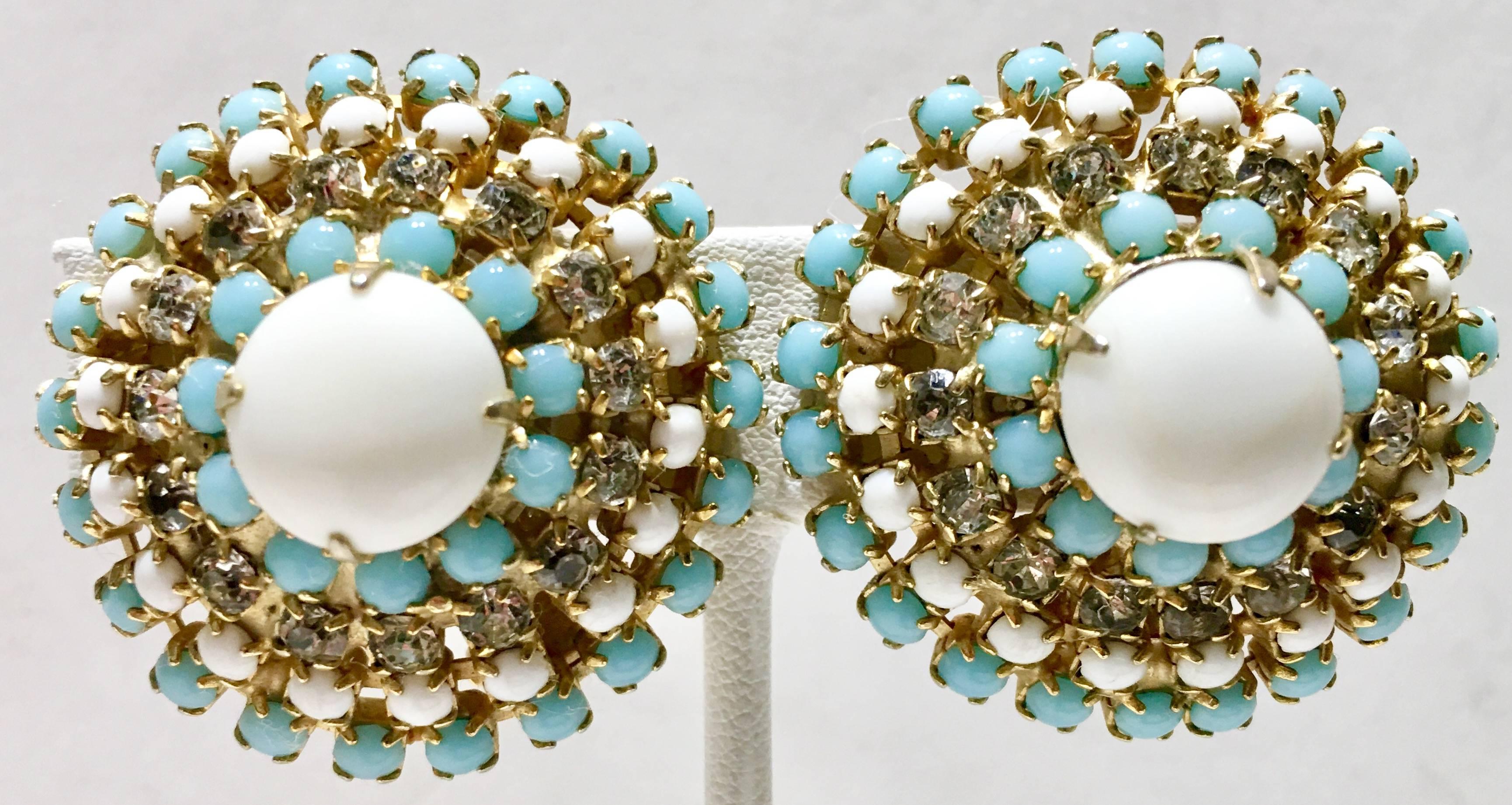 1960'S Gold Milk Glass & Swarovski Crystal Rhinestone Dome Earrings By, Hobe In Excellent Condition In West Palm Beach, FL