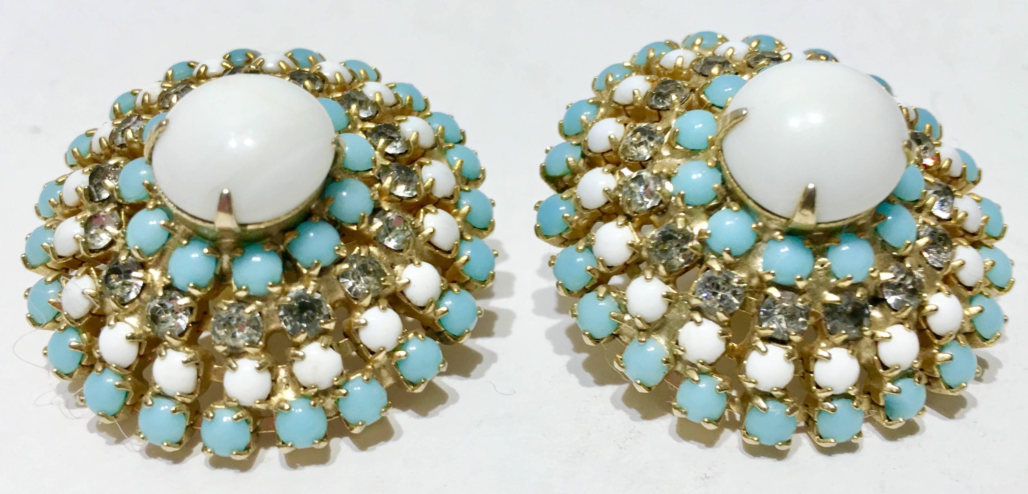 Women's 1960'S Gold Milk Glass & Swarovski Crystal Rhinestone Dome Earrings By, Hobe