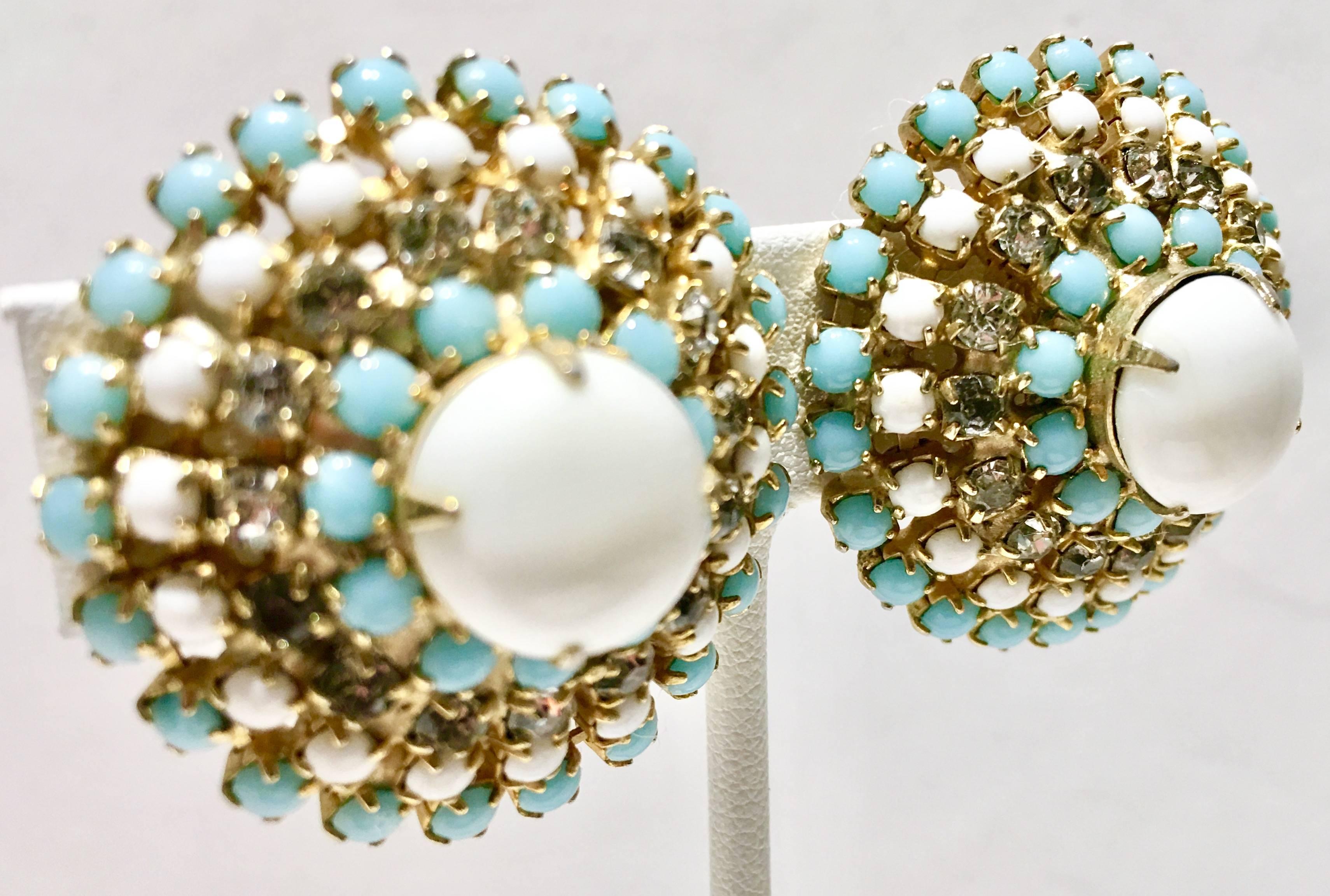 1960'S Gold Plate white and robins egg blue milk glass bead and Swarovski crystal clear rhinestone earrings by,  Hobe. These prong set earrings are each signed on the underside, Hobe. 